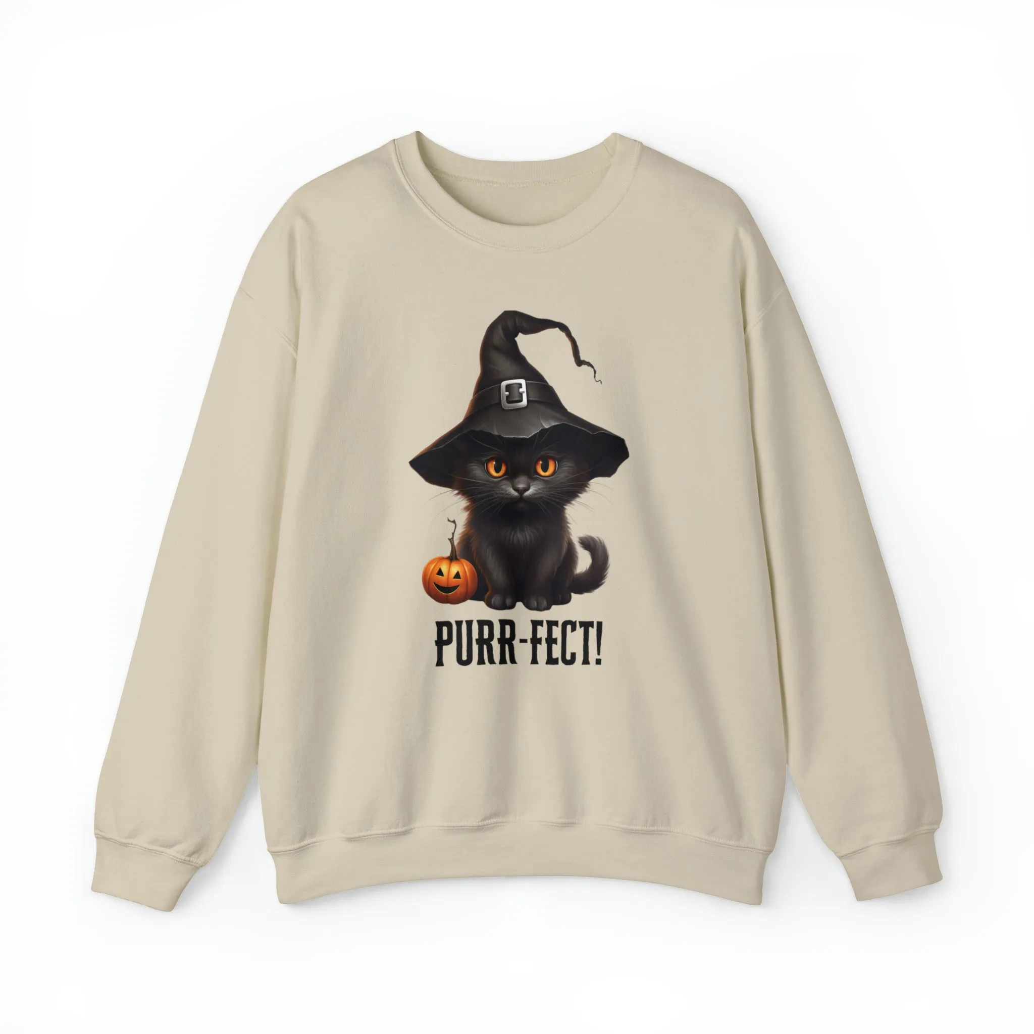 Purr-Fect Black Cat Sweatshirt, Scary Witch's Hat Pullover, Creepy Halloween Crewneck Sweatshirt, Unisex Heavy Blend Sweatshirt