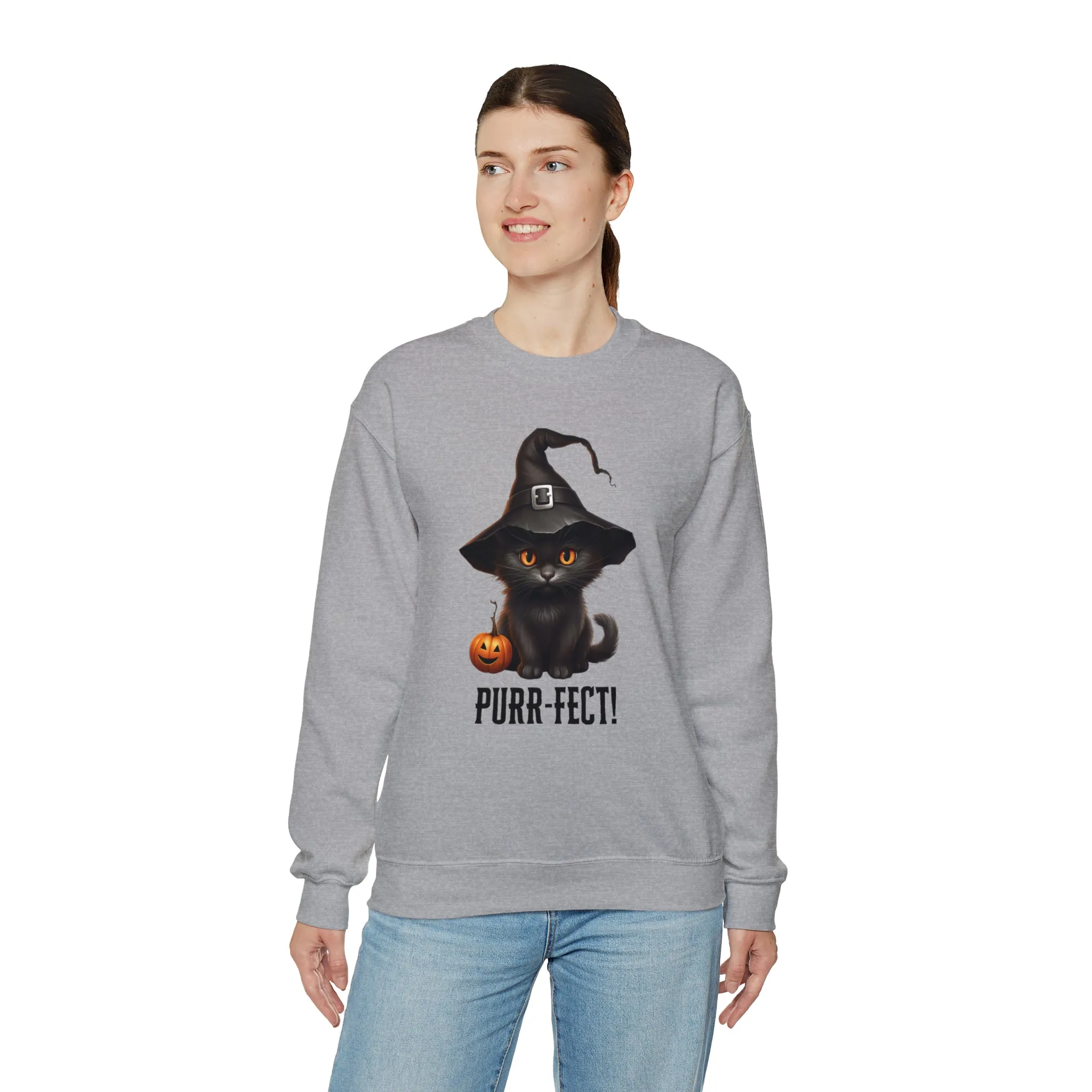 Purr-Fect Black Cat Sweatshirt, Scary Witch's Hat Pullover, Creepy Halloween Crewneck Sweatshirt, Unisex Heavy Blend Sweatshirt