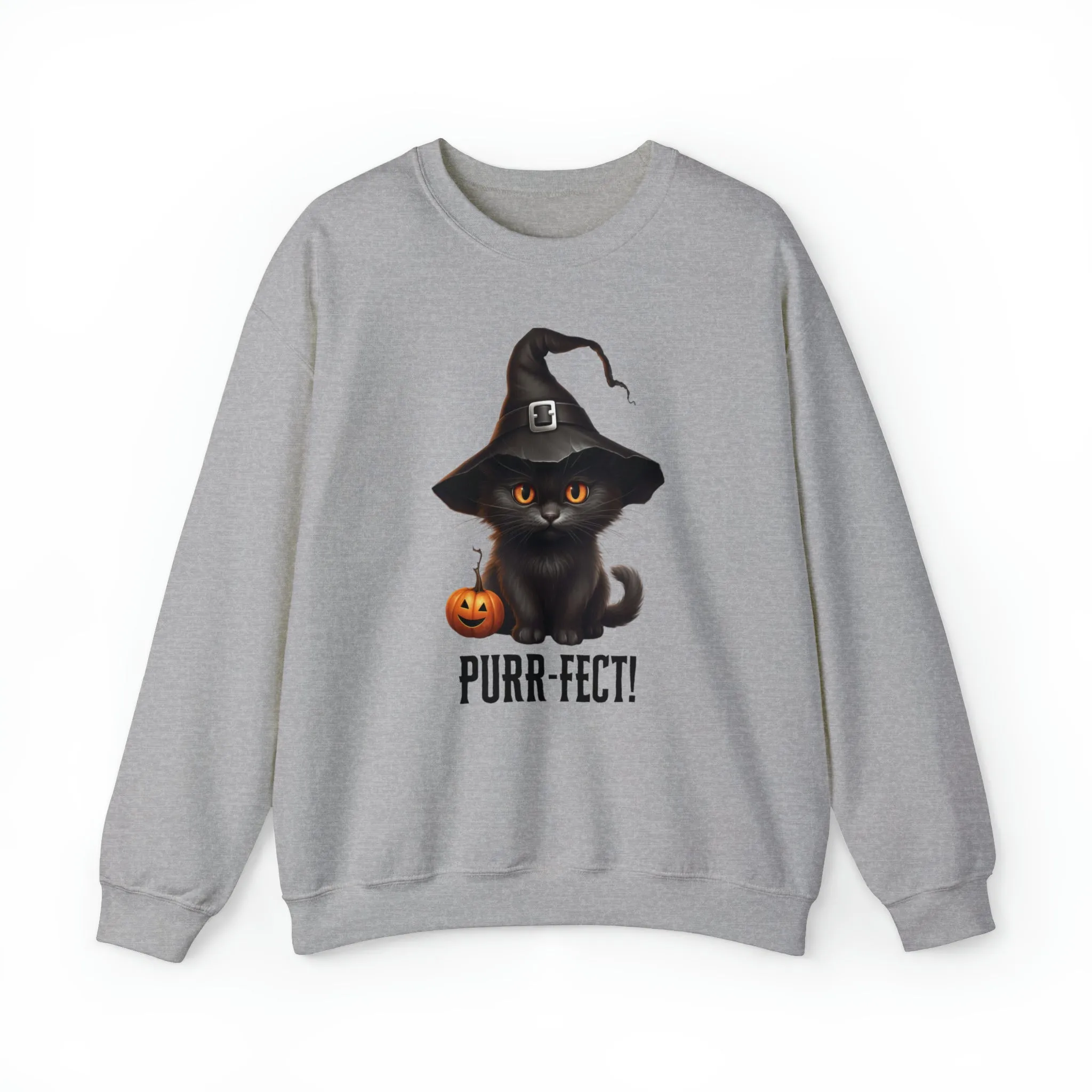 Purr-Fect Black Cat Sweatshirt, Scary Witch's Hat Pullover, Creepy Halloween Crewneck Sweatshirt, Unisex Heavy Blend Sweatshirt