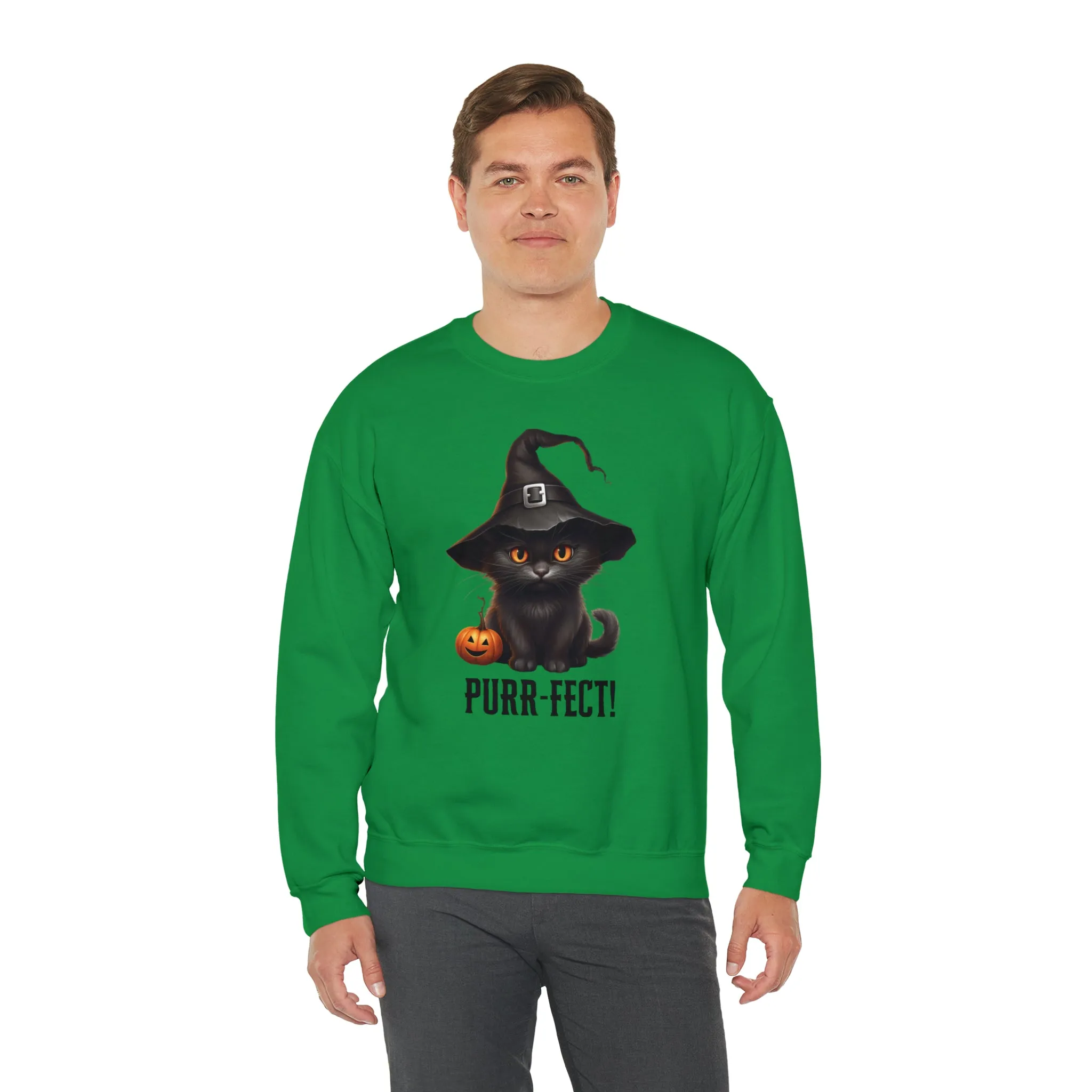 Purr-Fect Black Cat Sweatshirt, Scary Witch's Hat Pullover, Creepy Halloween Crewneck Sweatshirt, Unisex Heavy Blend Sweatshirt