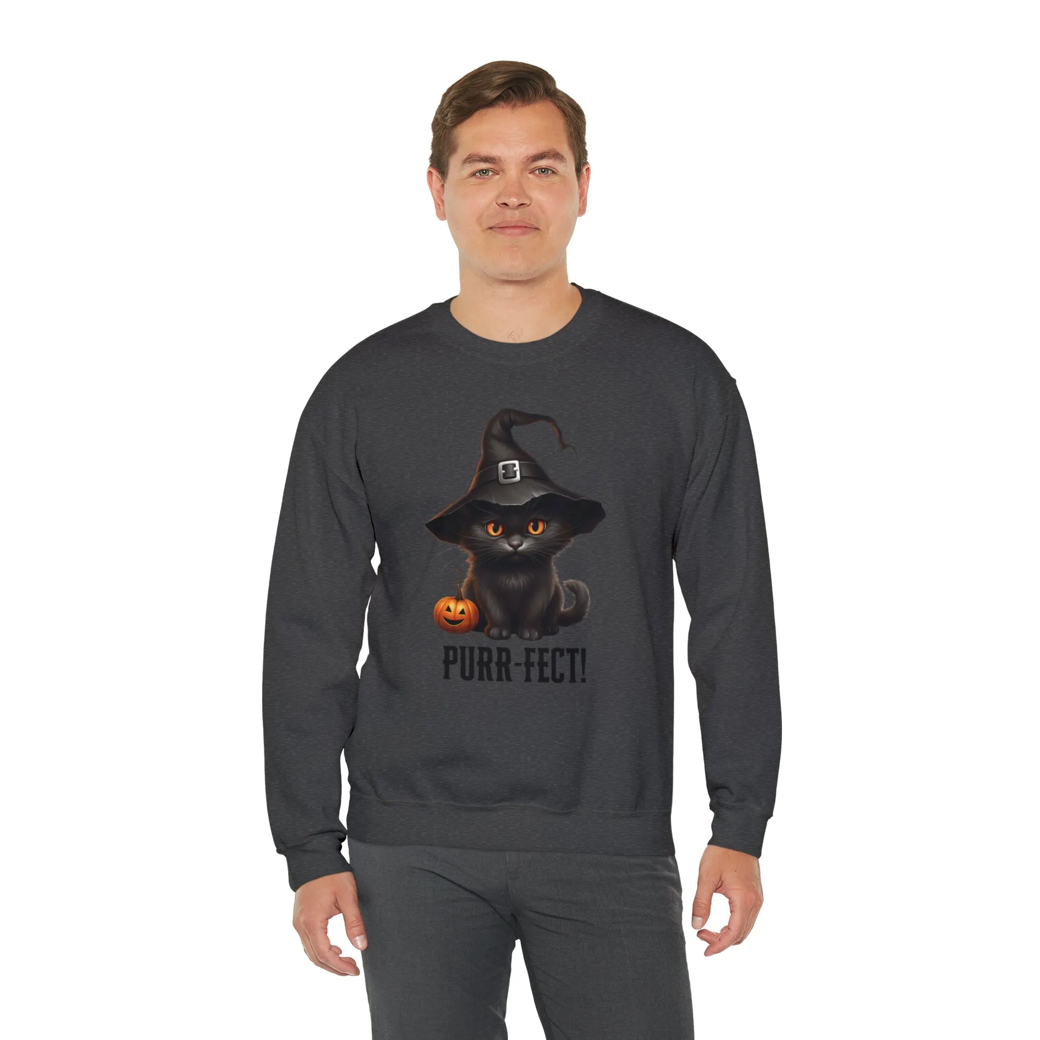 Purr-Fect Black Cat Sweatshirt, Scary Witch's Hat Pullover, Creepy Halloween Crewneck Sweatshirt, Unisex Heavy Blend Sweatshirt