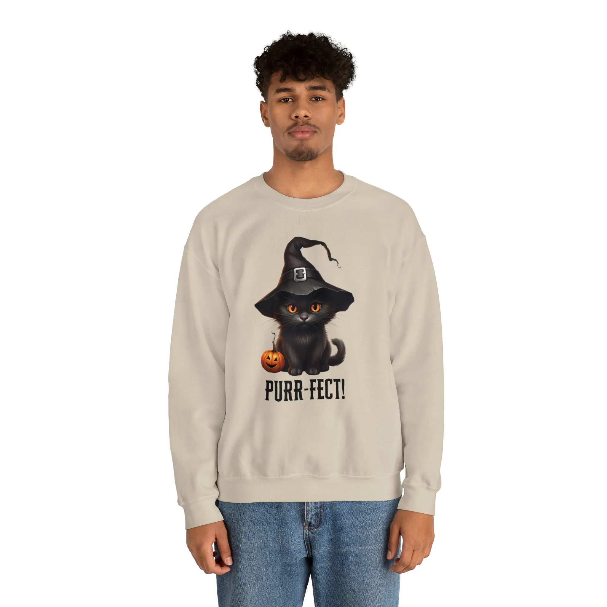 Purr-Fect Black Cat Sweatshirt, Scary Witch's Hat Pullover, Creepy Halloween Crewneck Sweatshirt, Unisex Heavy Blend Sweatshirt