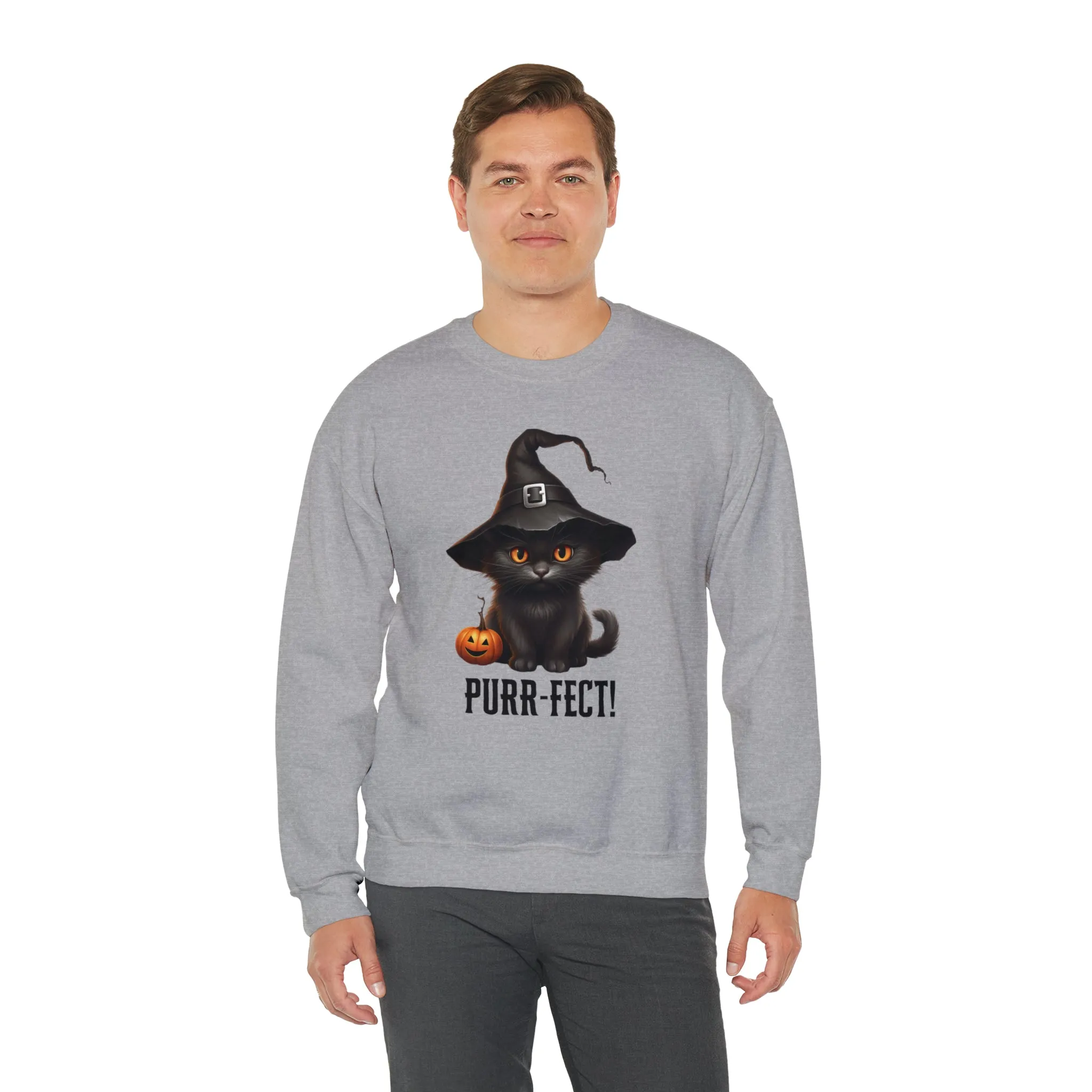 Purr-Fect Black Cat Sweatshirt, Scary Witch's Hat Pullover, Creepy Halloween Crewneck Sweatshirt, Unisex Heavy Blend Sweatshirt