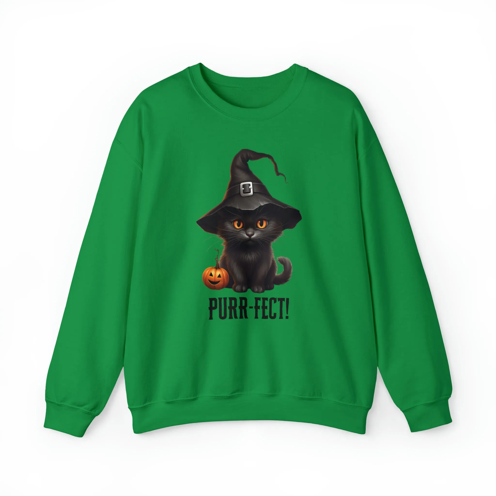 Purr-Fect Black Cat Sweatshirt, Scary Witch's Hat Pullover, Creepy Halloween Crewneck Sweatshirt, Unisex Heavy Blend Sweatshirt