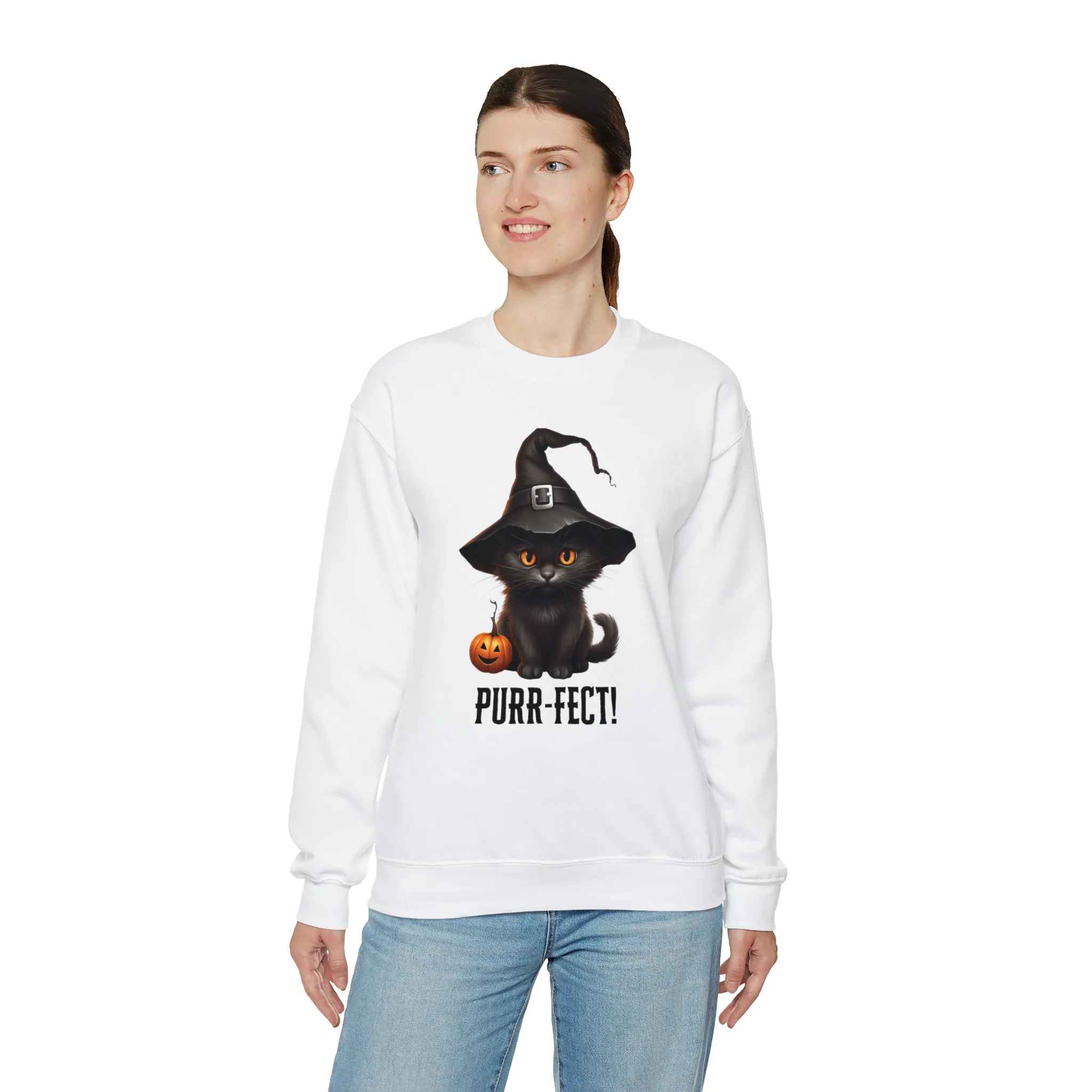 Purr-Fect Black Cat Sweatshirt, Scary Witch's Hat Pullover, Creepy Halloween Crewneck Sweatshirt, Unisex Heavy Blend Sweatshirt