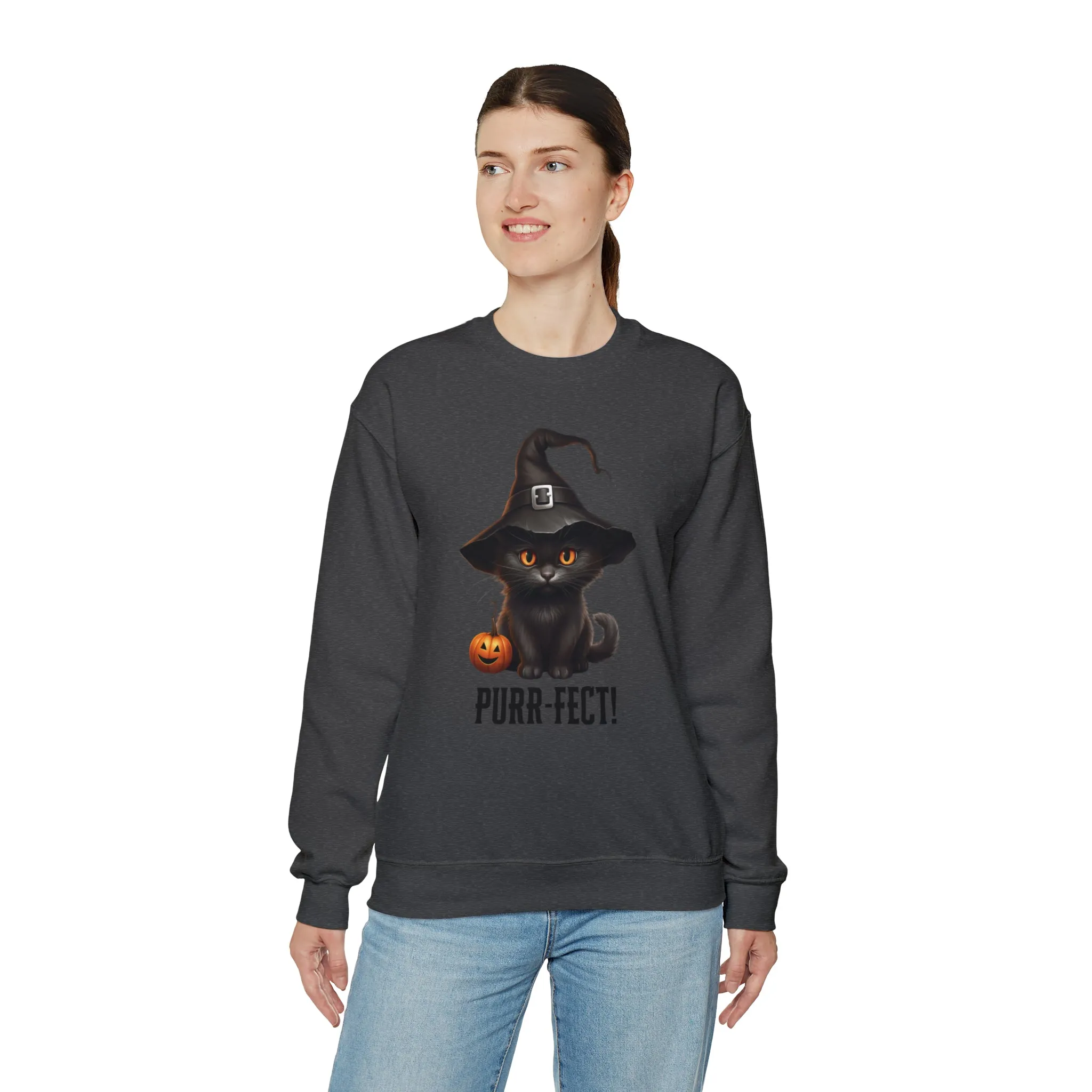 Purr-Fect Black Cat Sweatshirt, Scary Witch's Hat Pullover, Creepy Halloween Crewneck Sweatshirt, Unisex Heavy Blend Sweatshirt