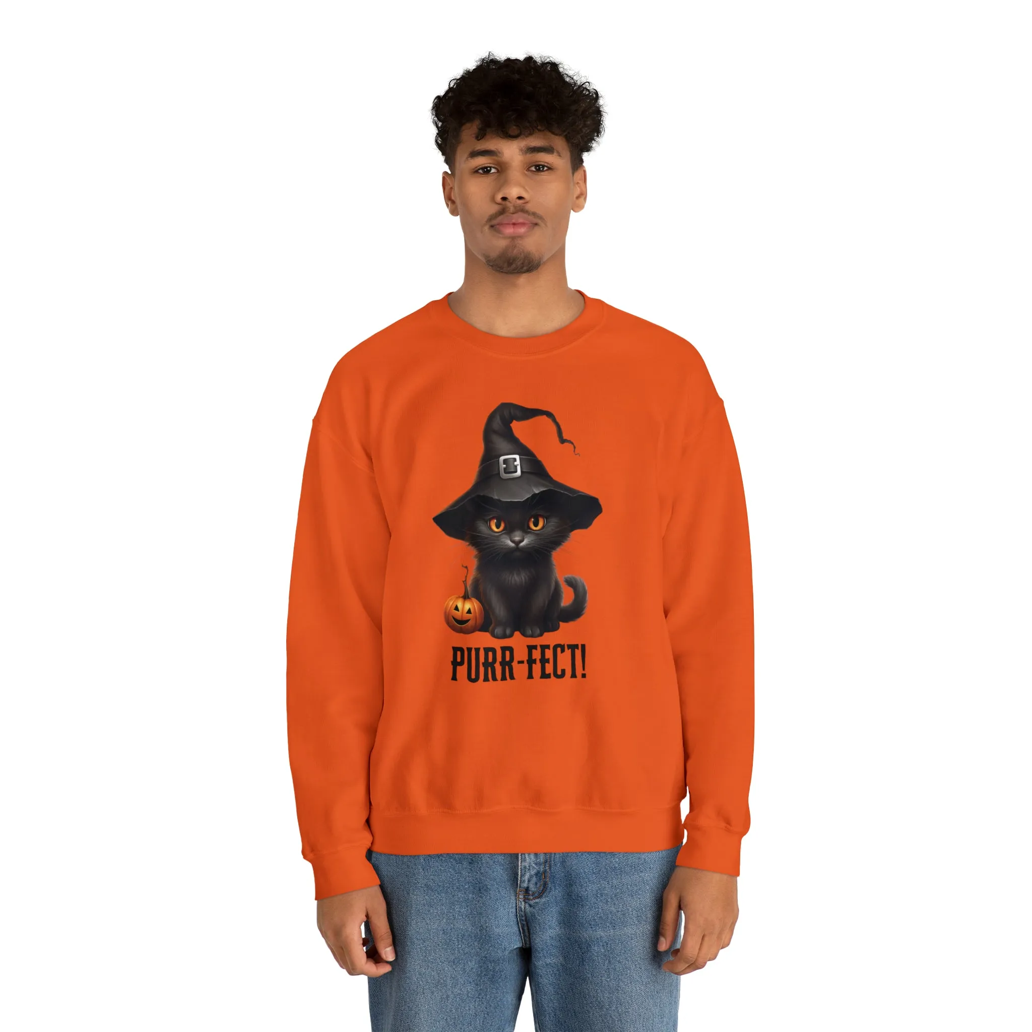 Purr-Fect Black Cat Sweatshirt, Scary Witch's Hat Pullover, Creepy Halloween Crewneck Sweatshirt, Unisex Heavy Blend Sweatshirt