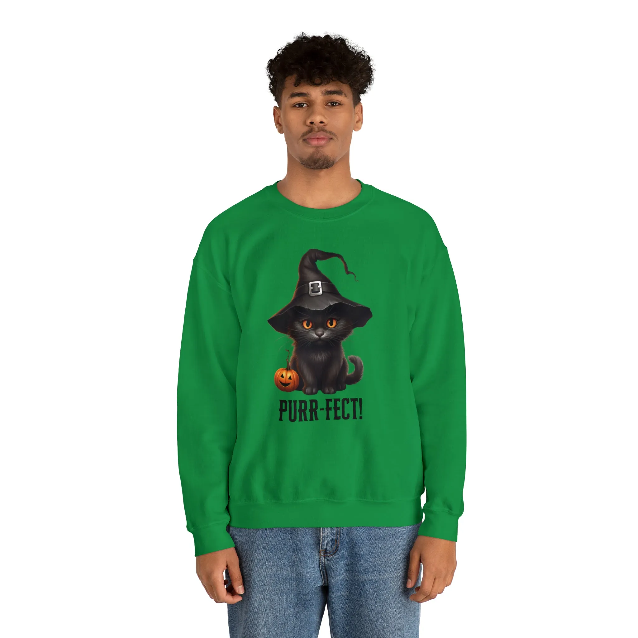 Purr-Fect Black Cat Sweatshirt, Scary Witch's Hat Pullover, Creepy Halloween Crewneck Sweatshirt, Unisex Heavy Blend Sweatshirt