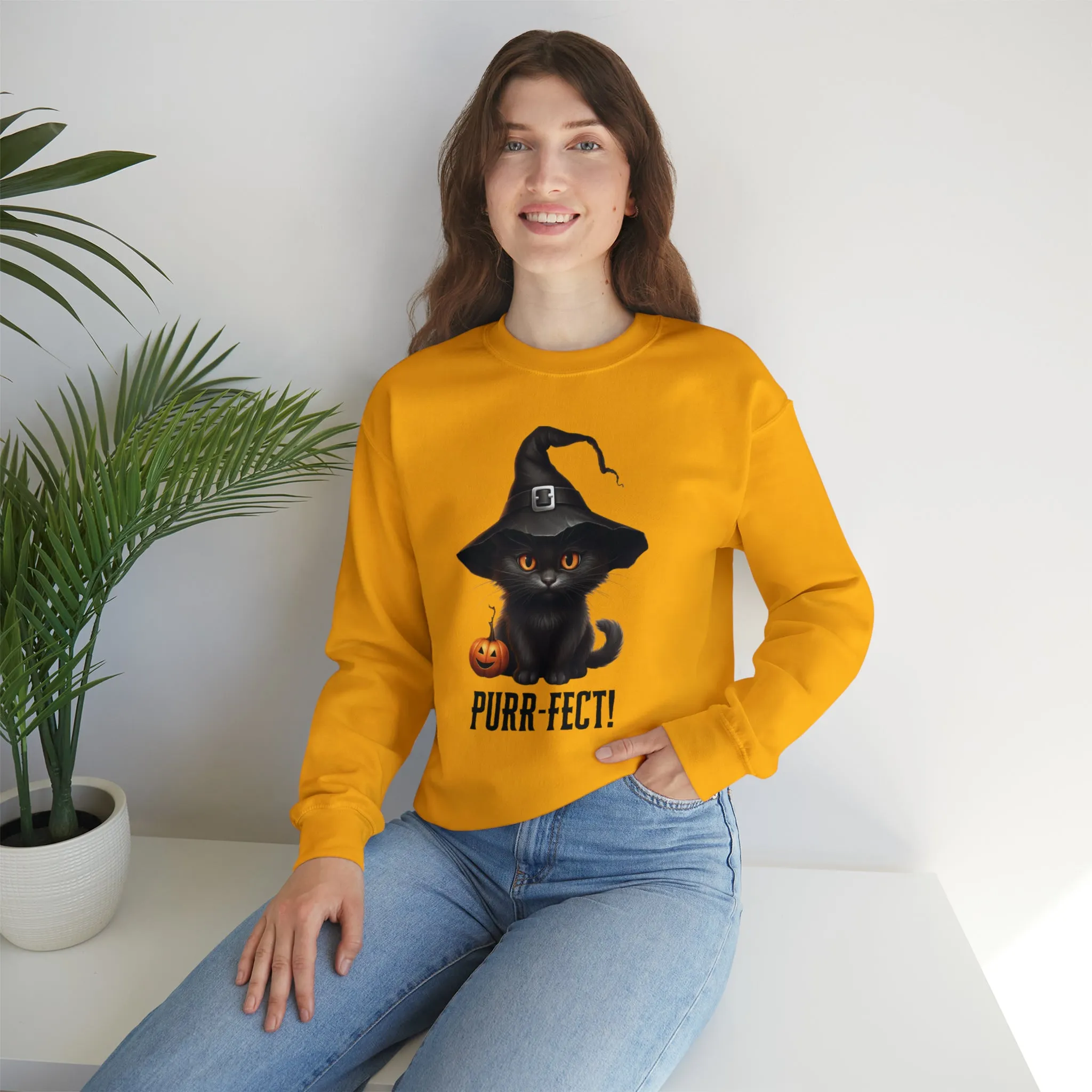 Purr-Fect Black Cat Sweatshirt, Scary Witch's Hat Pullover, Creepy Halloween Crewneck Sweatshirt, Unisex Heavy Blend Sweatshirt