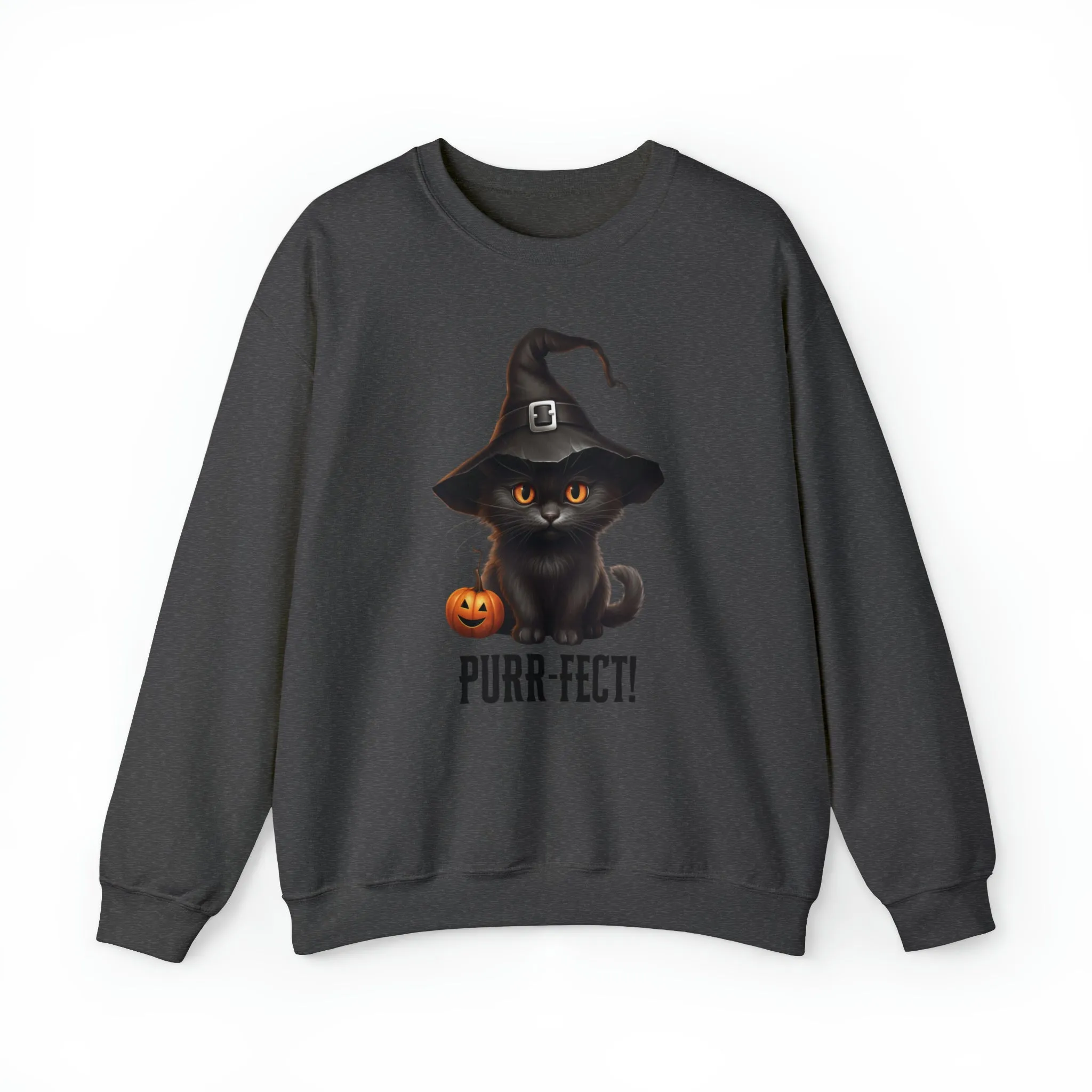 Purr-Fect Black Cat Sweatshirt, Scary Witch's Hat Pullover, Creepy Halloween Crewneck Sweatshirt, Unisex Heavy Blend Sweatshirt