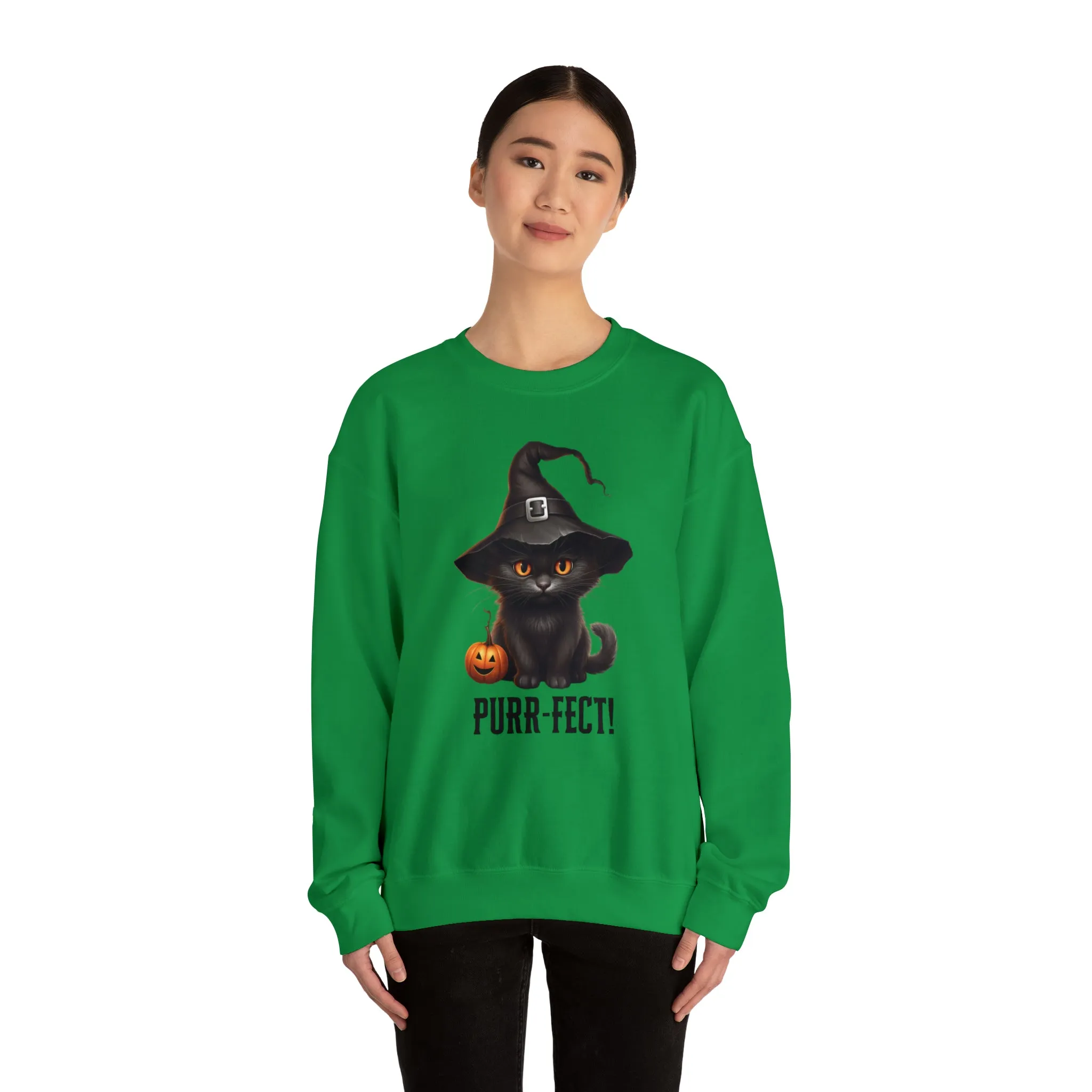 Purr-Fect Black Cat Sweatshirt, Scary Witch's Hat Pullover, Creepy Halloween Crewneck Sweatshirt, Unisex Heavy Blend Sweatshirt