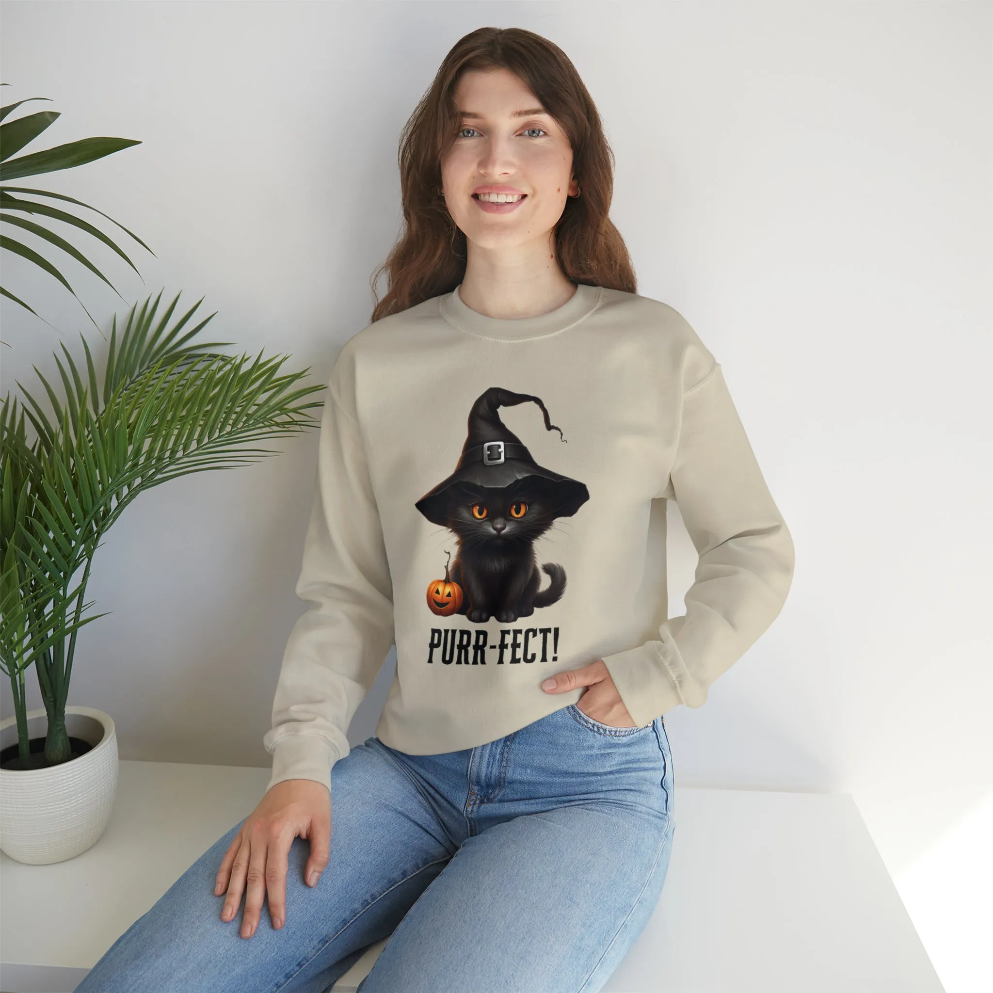 Purr-Fect Black Cat Sweatshirt, Scary Witch's Hat Pullover, Creepy Halloween Crewneck Sweatshirt, Unisex Heavy Blend Sweatshirt