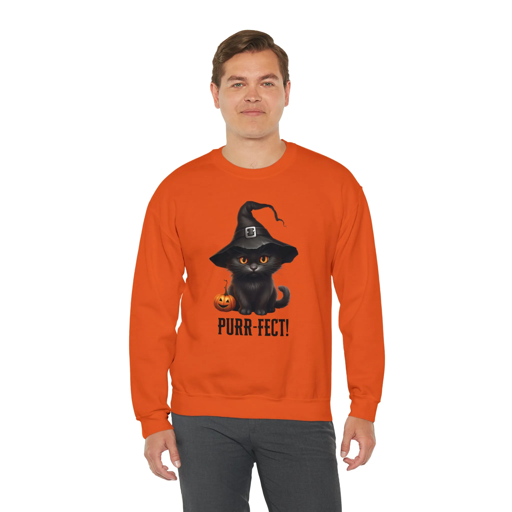 Purr-Fect Black Cat Sweatshirt, Scary Witch's Hat Pullover, Creepy Halloween Crewneck Sweatshirt, Unisex Heavy Blend Sweatshirt