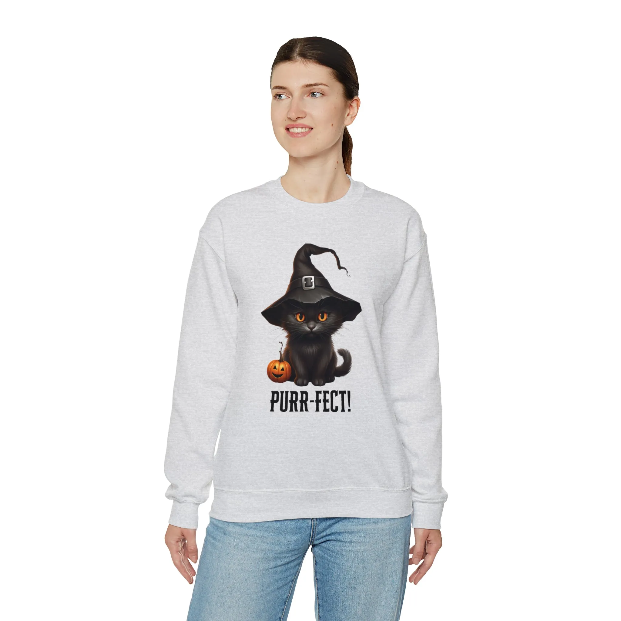 Purr-Fect Black Cat Sweatshirt, Scary Witch's Hat Pullover, Creepy Halloween Crewneck Sweatshirt, Unisex Heavy Blend Sweatshirt