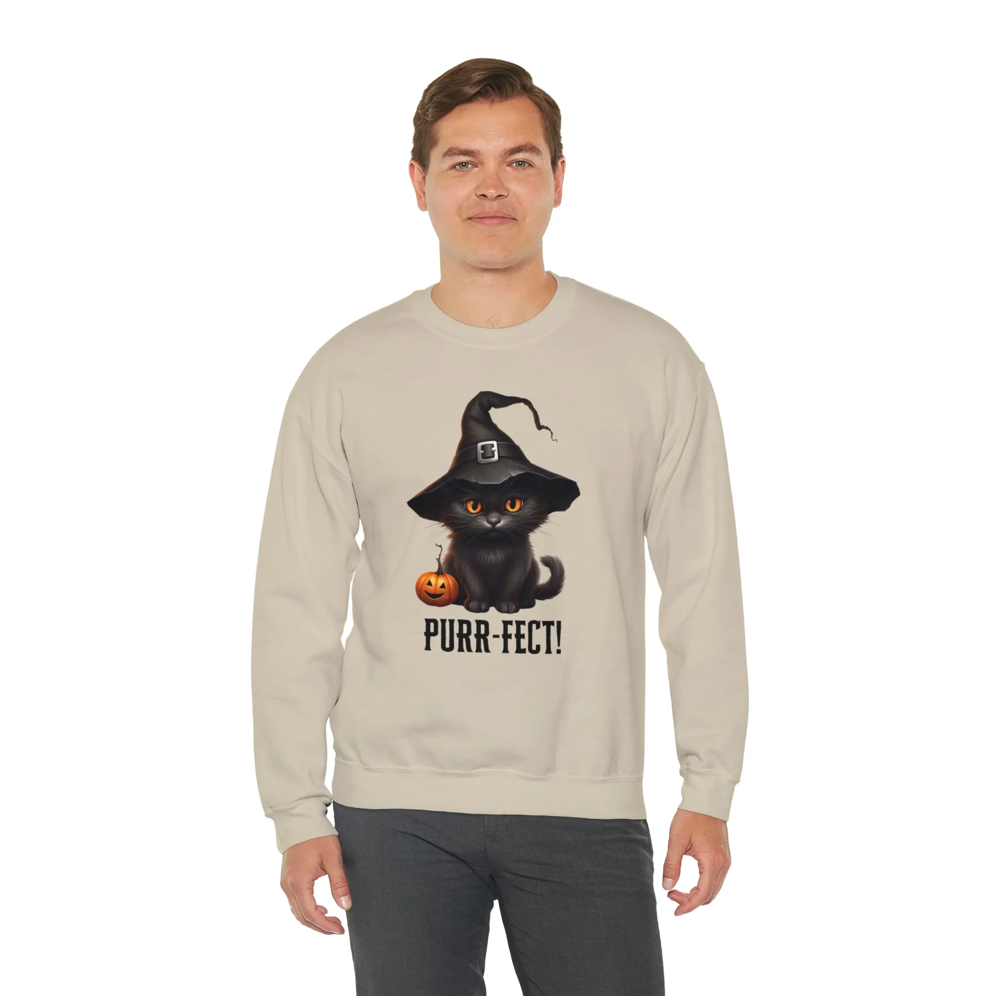 Purr-Fect Black Cat Sweatshirt, Scary Witch's Hat Pullover, Creepy Halloween Crewneck Sweatshirt, Unisex Heavy Blend Sweatshirt