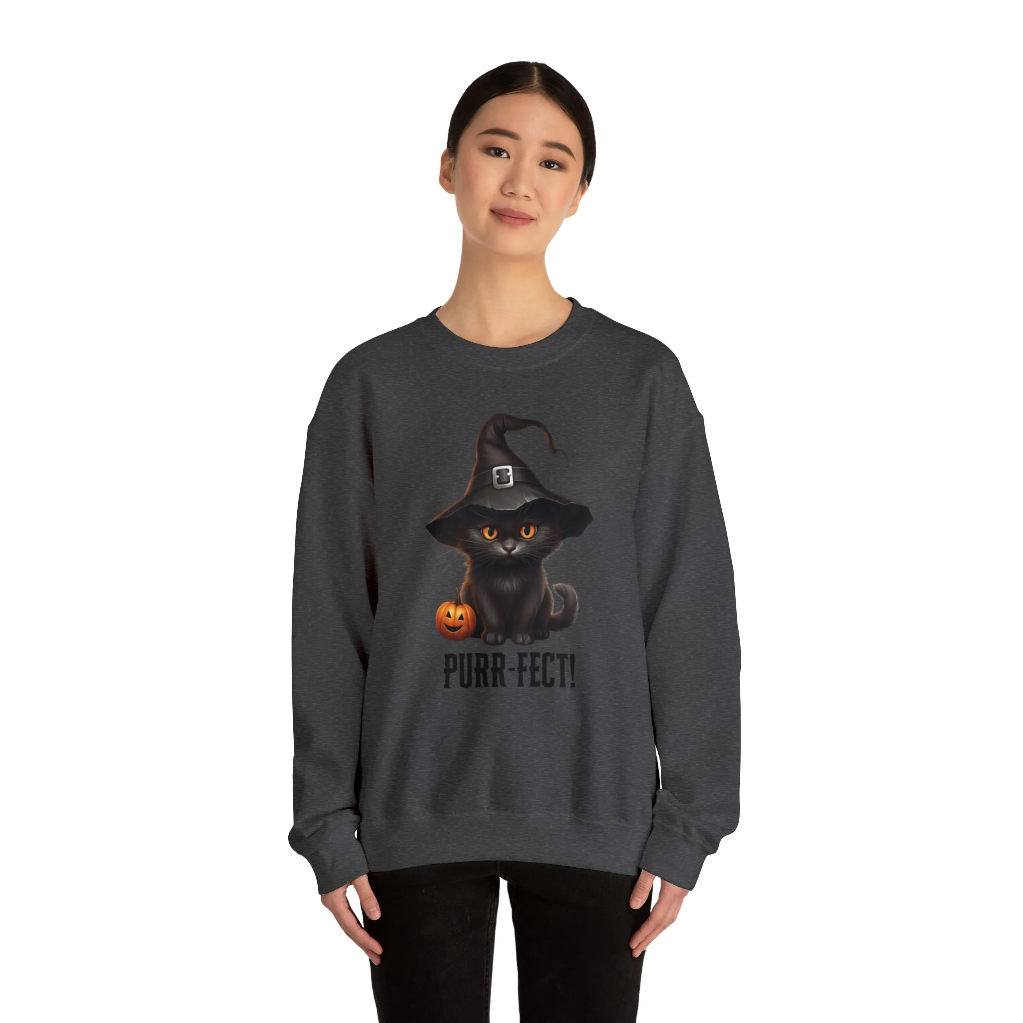 Purr-Fect Black Cat Sweatshirt, Scary Witch's Hat Pullover, Creepy Halloween Crewneck Sweatshirt, Unisex Heavy Blend Sweatshirt