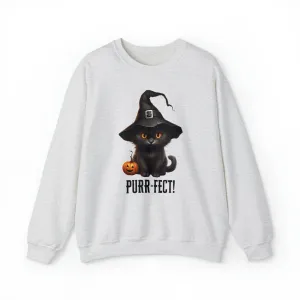Purr-Fect Black Cat Sweatshirt, Scary Witch's Hat Pullover, Creepy Halloween Crewneck Sweatshirt, Unisex Heavy Blend Sweatshirt