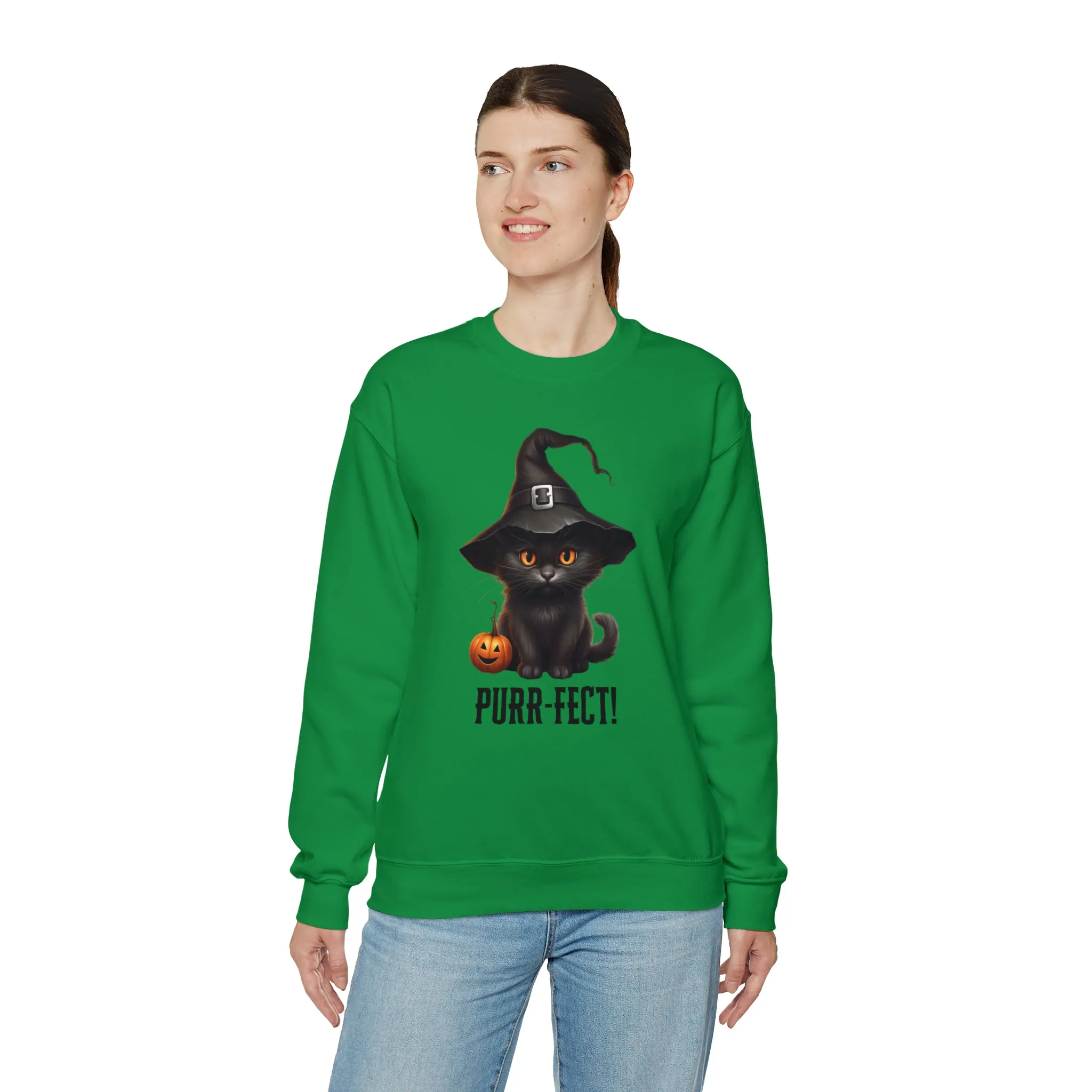 Purr-Fect Black Cat Sweatshirt, Scary Witch's Hat Pullover, Creepy Halloween Crewneck Sweatshirt, Unisex Heavy Blend Sweatshirt