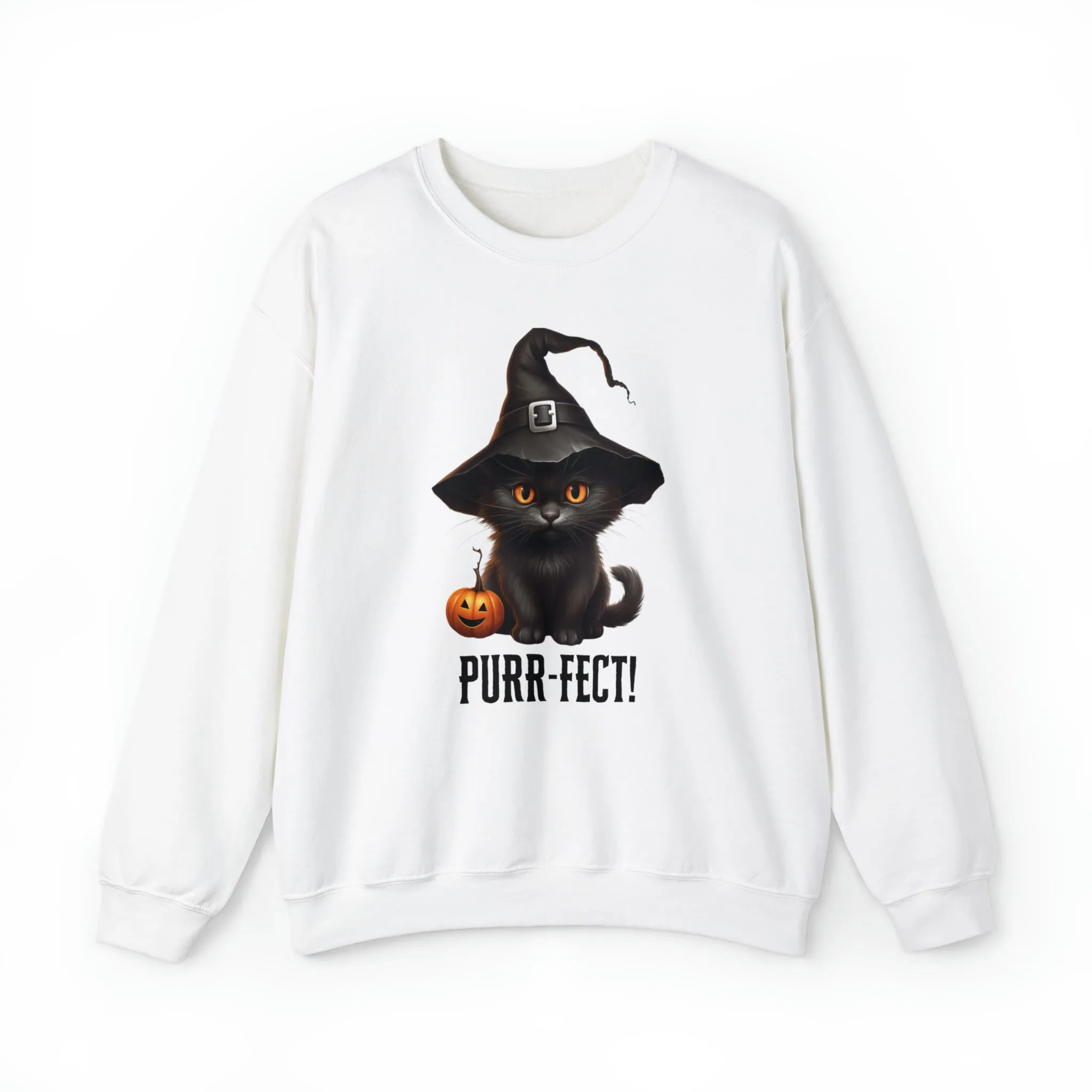 Purr-Fect Black Cat Sweatshirt, Scary Witch's Hat Pullover, Creepy Halloween Crewneck Sweatshirt, Unisex Heavy Blend Sweatshirt