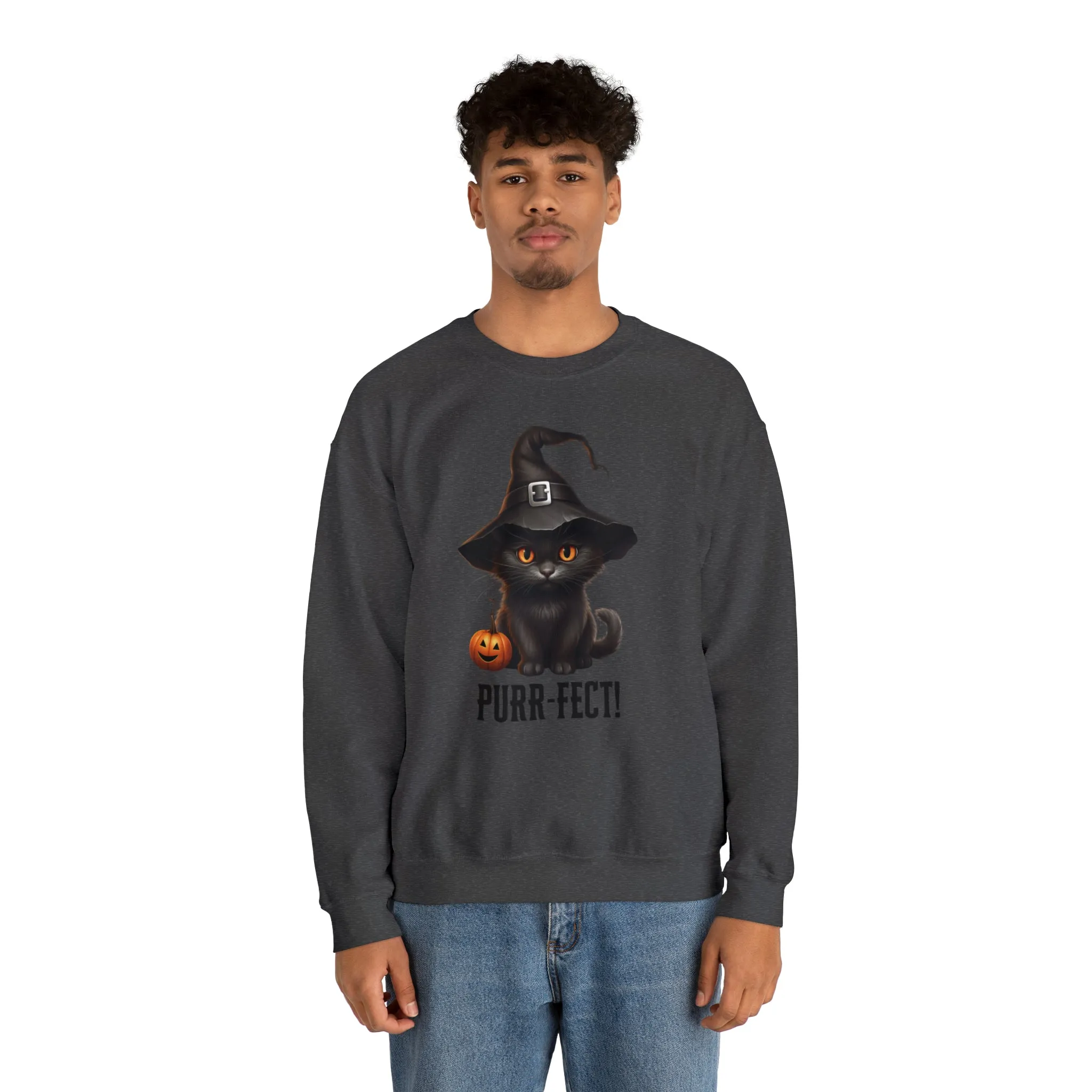 Purr-Fect Black Cat Sweatshirt, Scary Witch's Hat Pullover, Creepy Halloween Crewneck Sweatshirt, Unisex Heavy Blend Sweatshirt