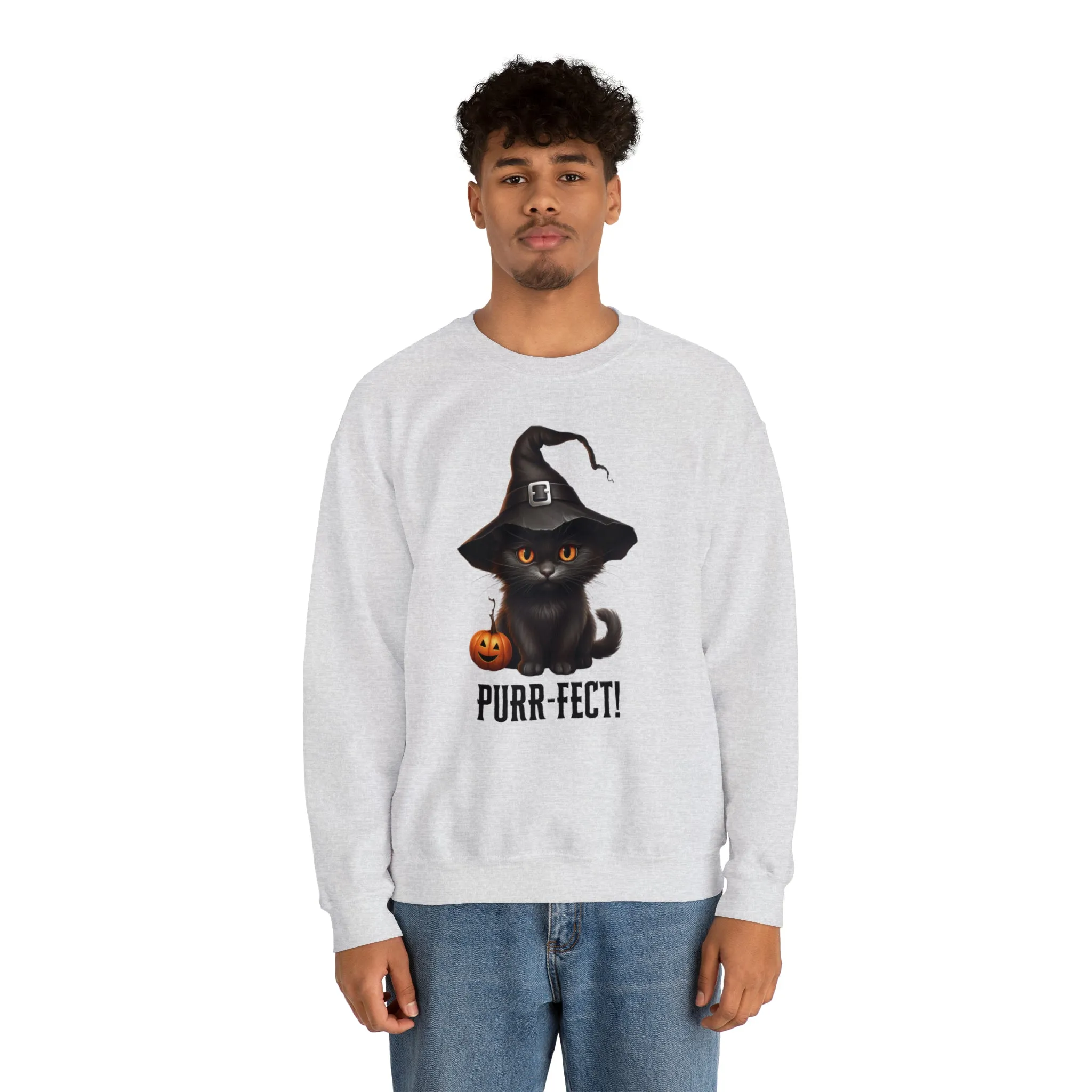 Purr-Fect Black Cat Sweatshirt, Scary Witch's Hat Pullover, Creepy Halloween Crewneck Sweatshirt, Unisex Heavy Blend Sweatshirt