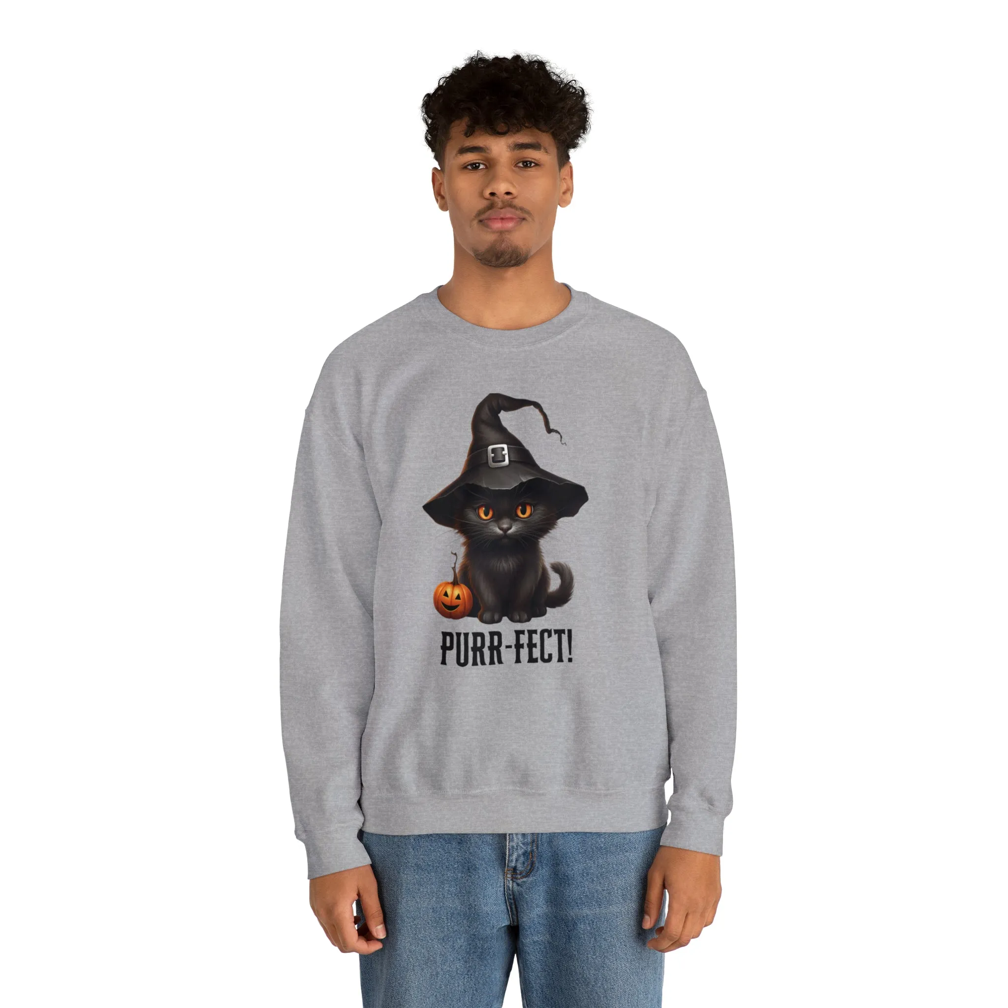 Purr-Fect Black Cat Sweatshirt, Scary Witch's Hat Pullover, Creepy Halloween Crewneck Sweatshirt, Unisex Heavy Blend Sweatshirt
