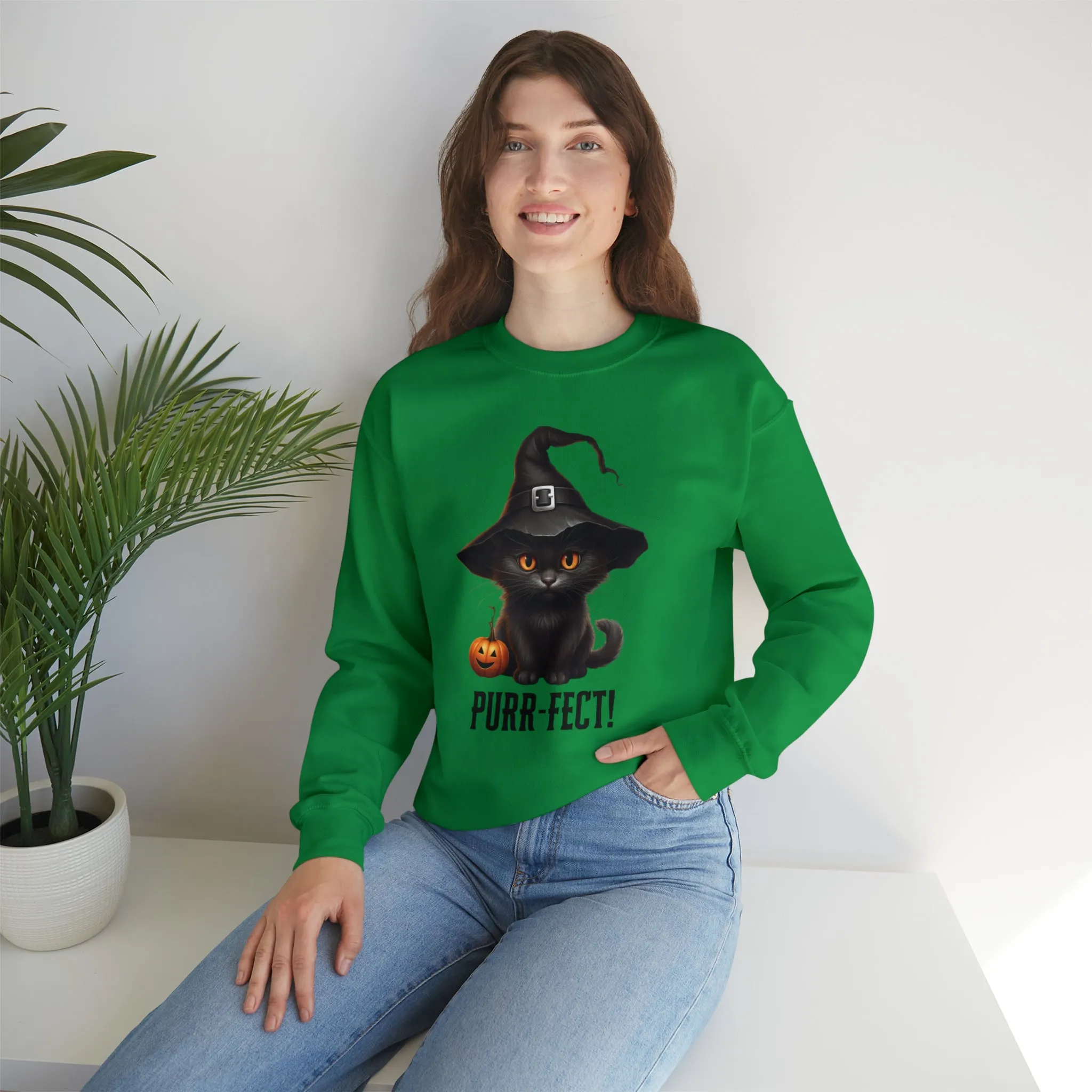 Purr-Fect Black Cat Sweatshirt, Scary Witch's Hat Pullover, Creepy Halloween Crewneck Sweatshirt, Unisex Heavy Blend Sweatshirt