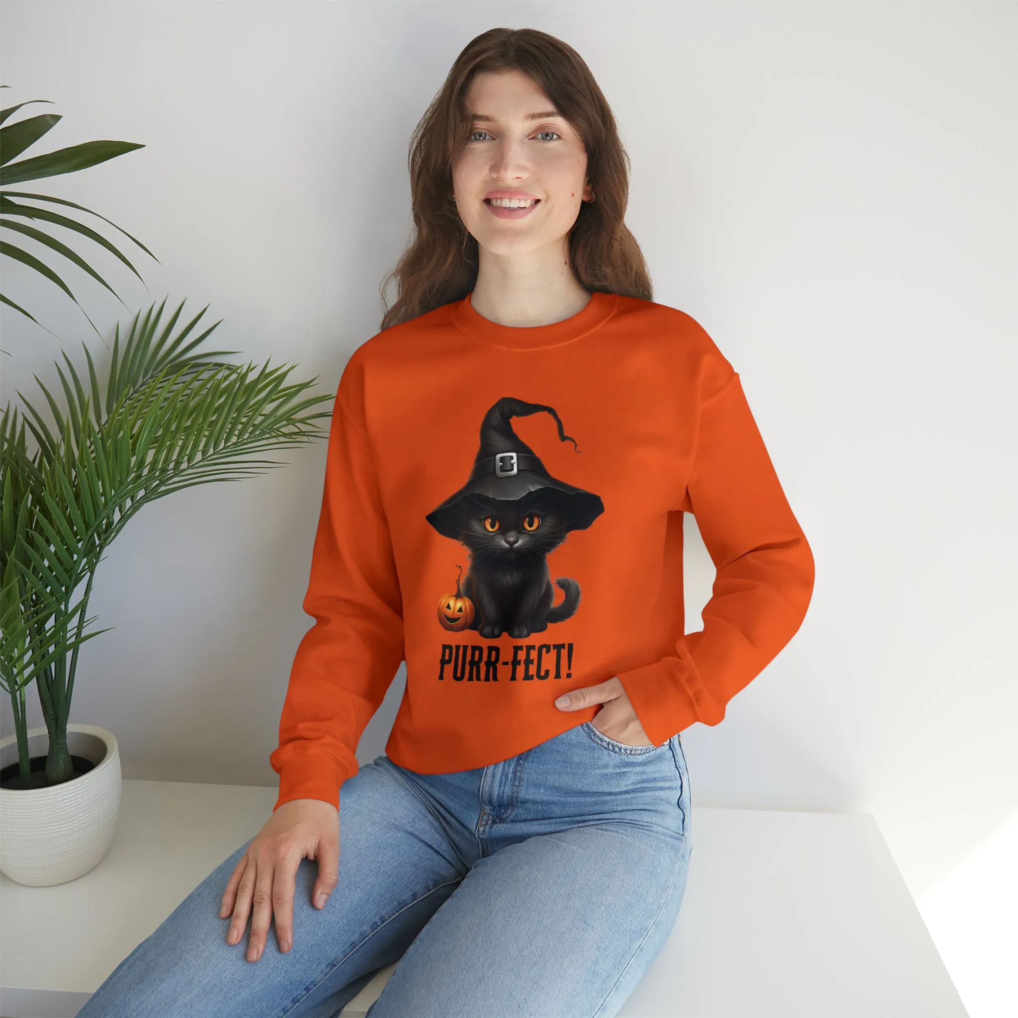 Purr-Fect Black Cat Sweatshirt, Scary Witch's Hat Pullover, Creepy Halloween Crewneck Sweatshirt, Unisex Heavy Blend Sweatshirt