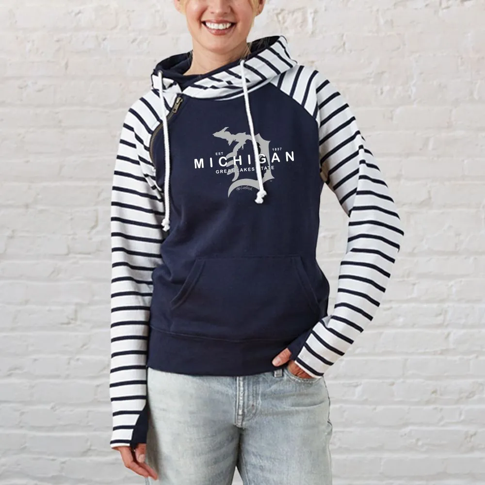 "Michigan D Established 1837" Women's Striped Double Hood Pullover