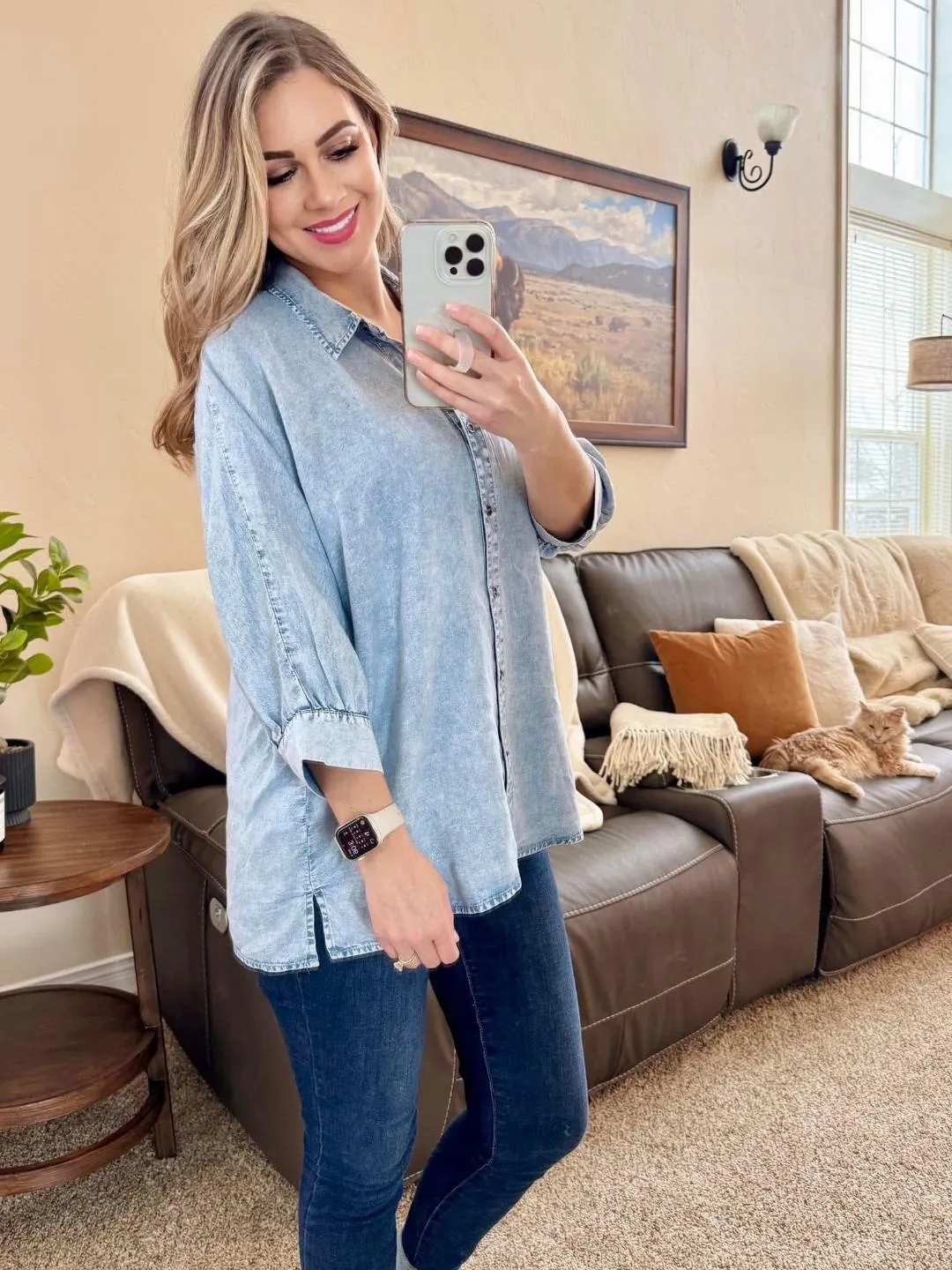 Relaxed Button Down Top In Soft Denim