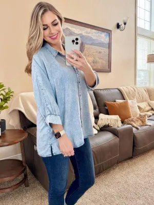 Relaxed Button Down Top In Soft Denim