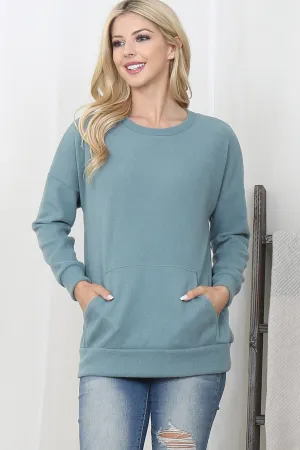 Rib Brushed Pullover Top With Kangaroo Pocket