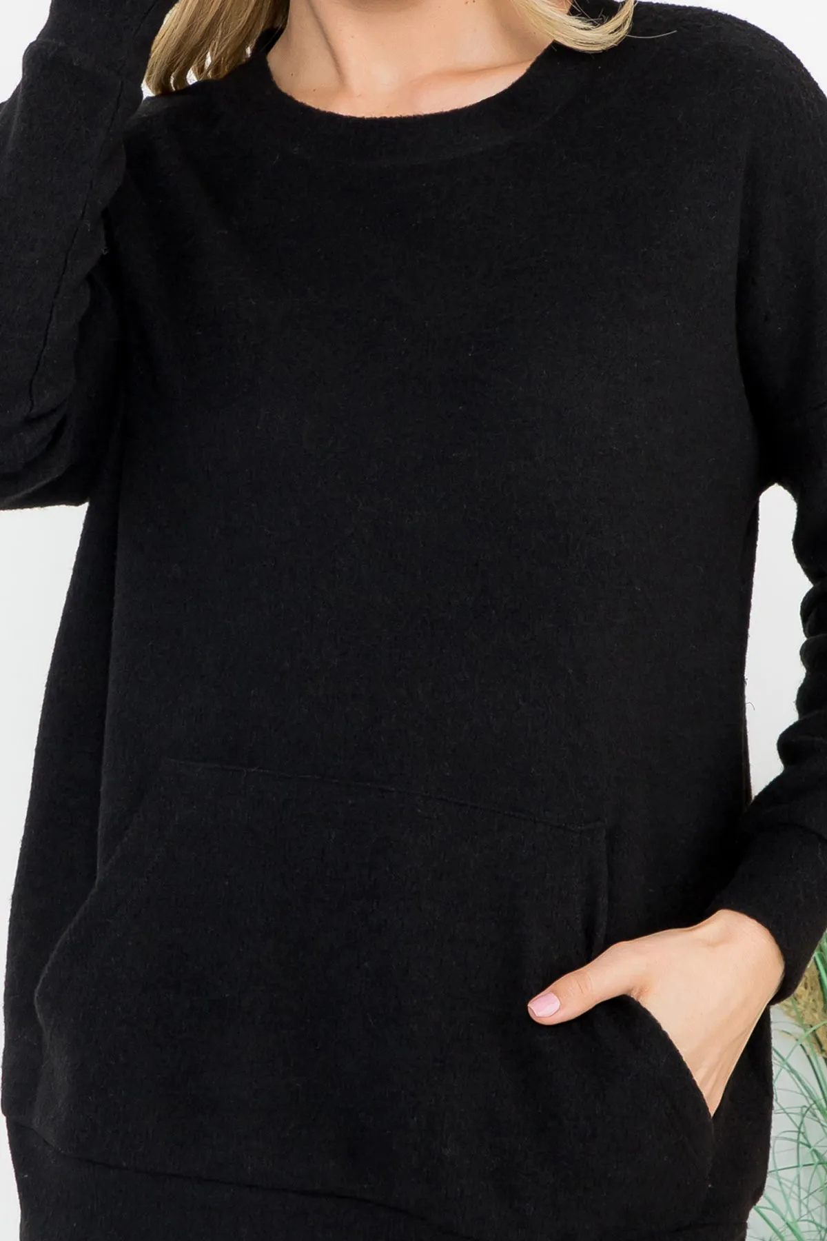Rib Brushed Pullover Top With Kangaroo Pocket