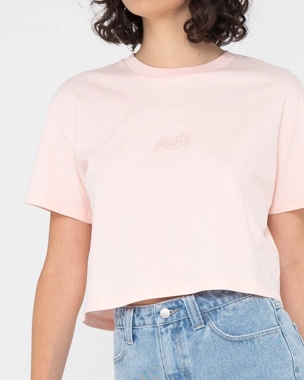 RUSTY SCRIPT RELAXED FIT CROP TEE