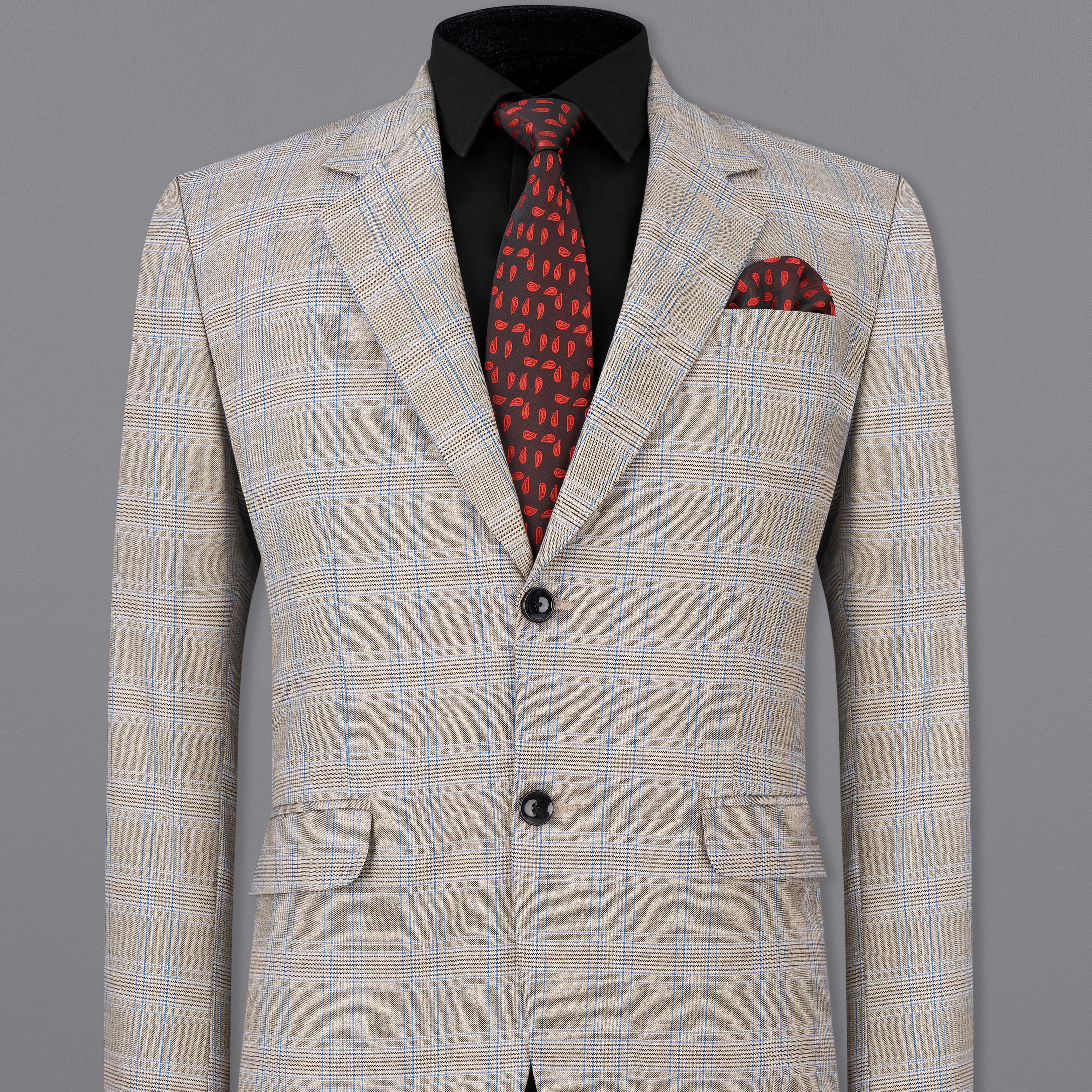 Sandrift Brown with Persian Blue Plaid Single Breasted Blazer