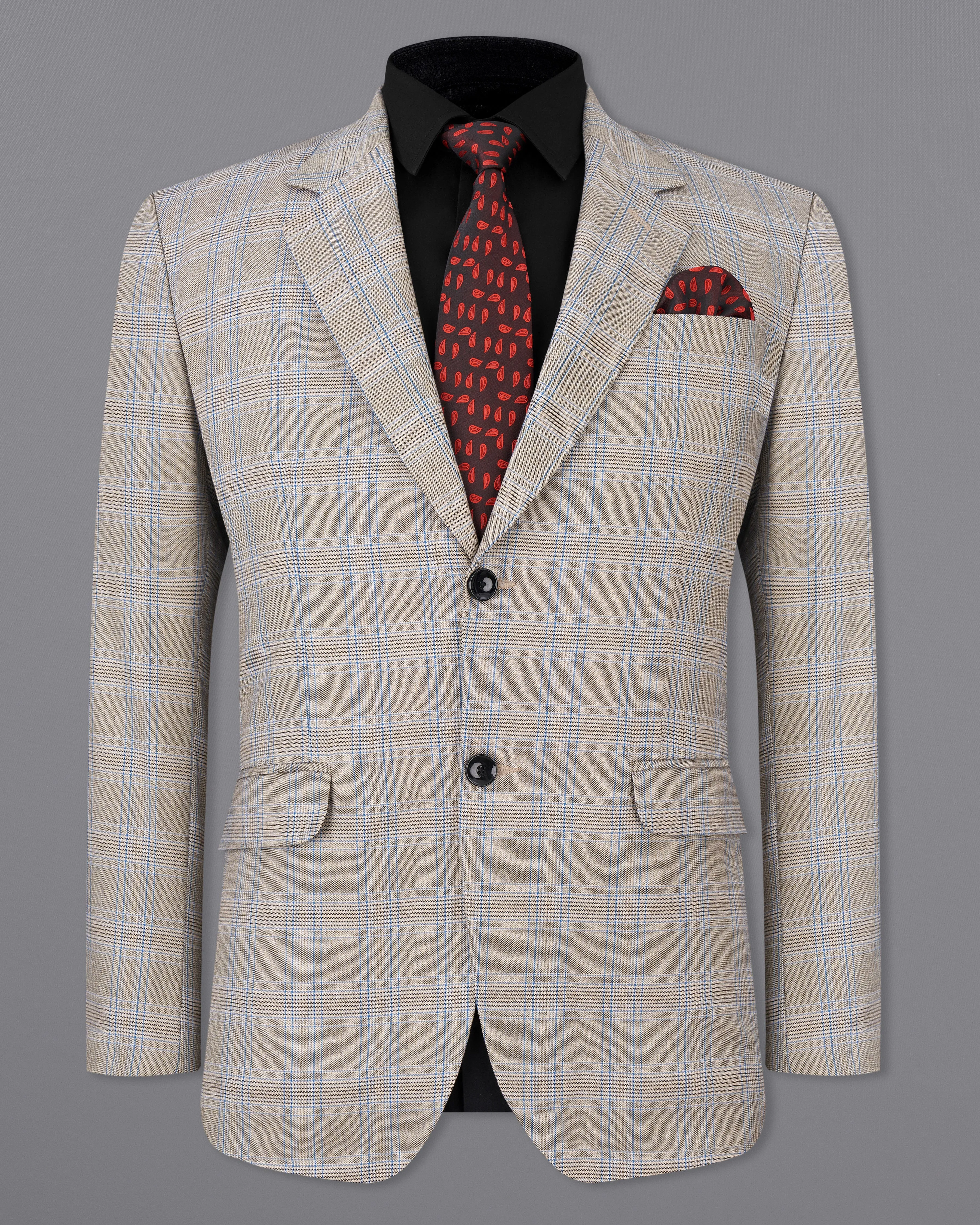 Sandrift Brown with Persian Blue Plaid Single Breasted Blazer