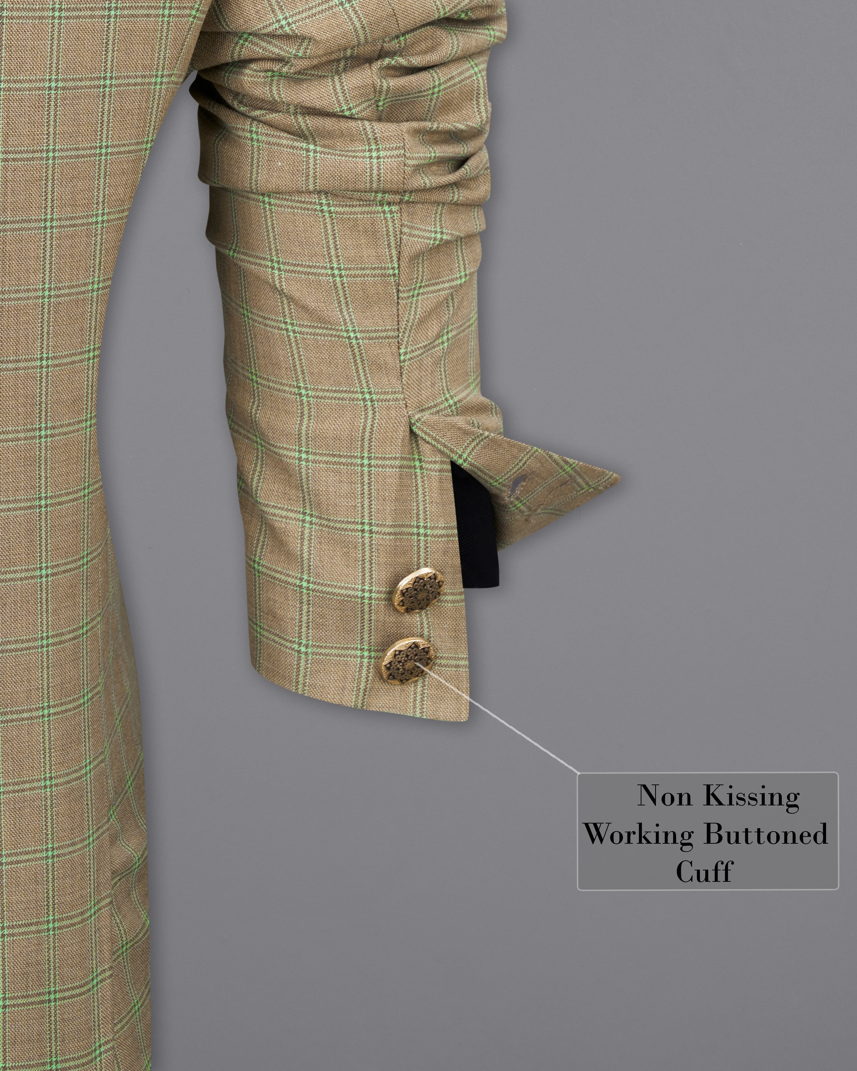 Sandrift Brown with Sprout Green Plaid Bandhgala Blazer