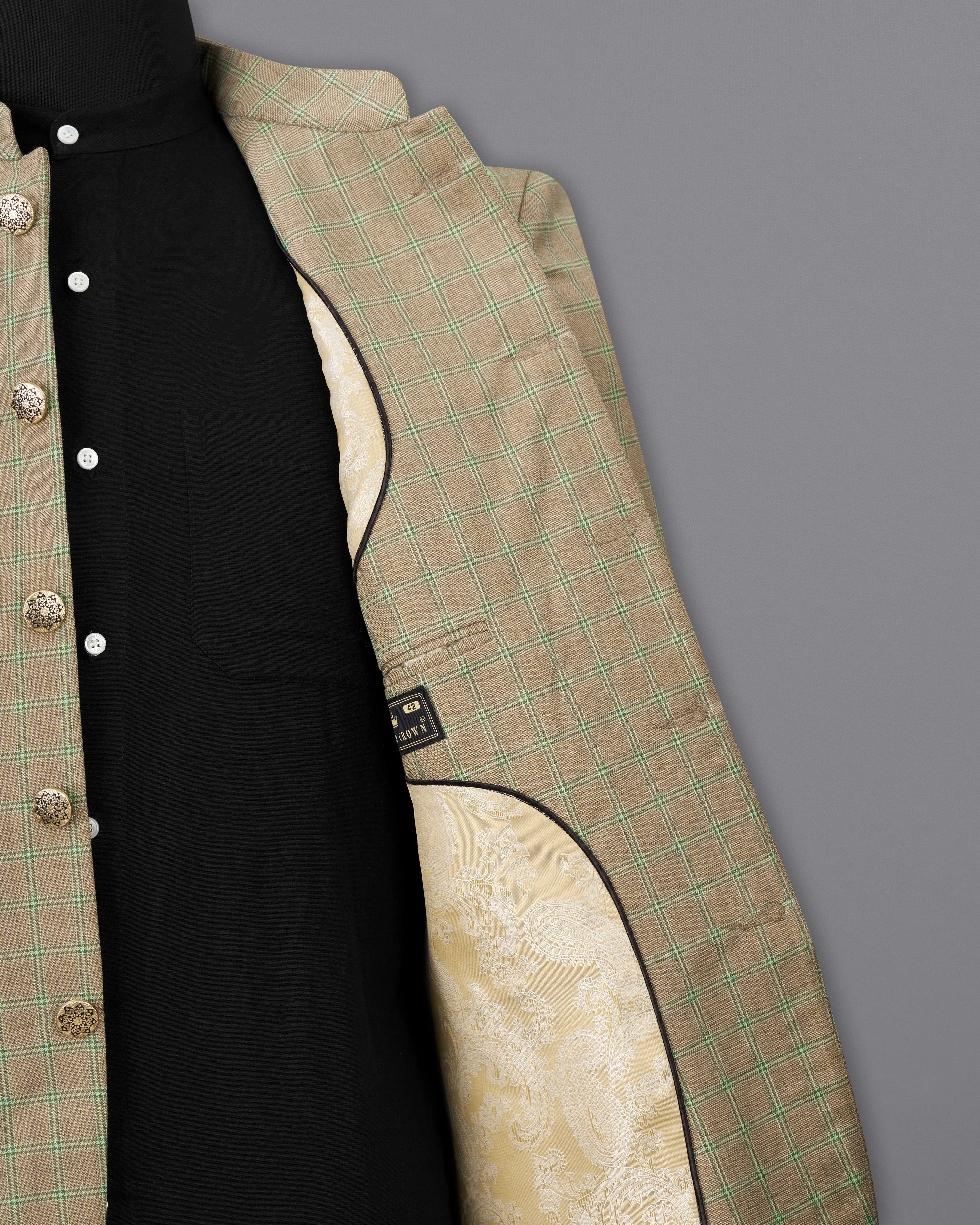 Sandrift Brown with Sprout Green Plaid Bandhgala Blazer