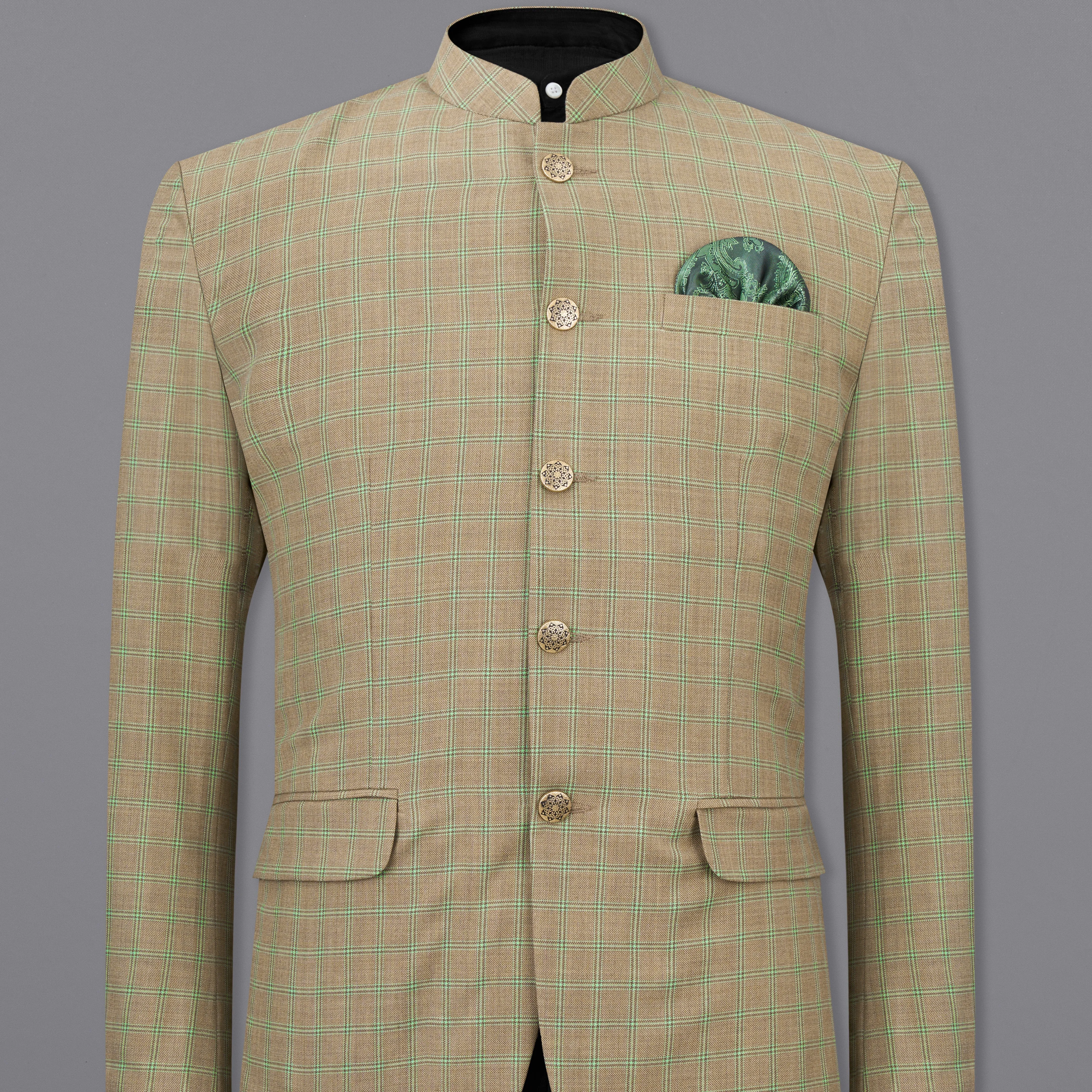 Sandrift Brown with Sprout Green Plaid Bandhgala Blazer
