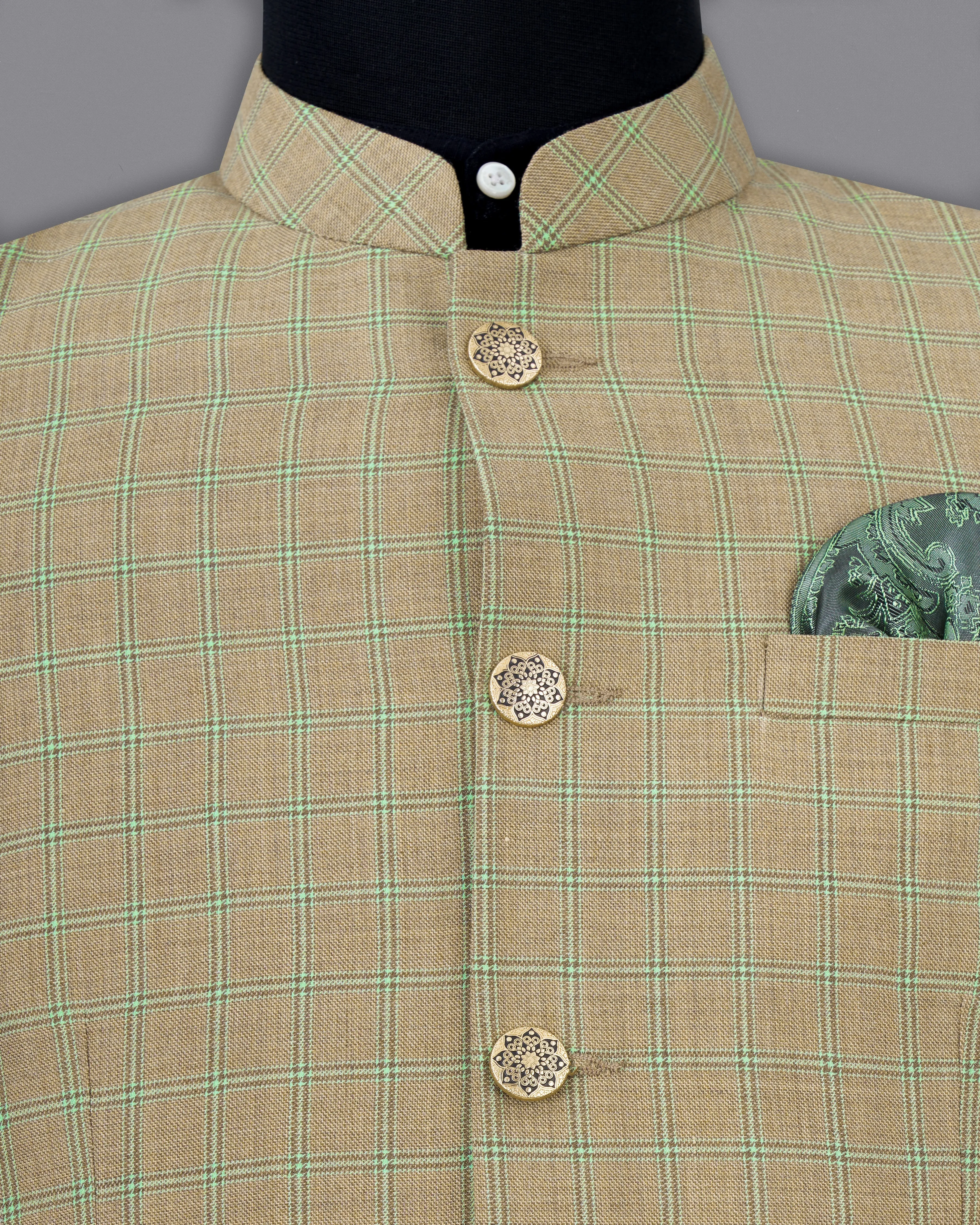 Sandrift Brown with Sprout Green Plaid Bandhgala Blazer