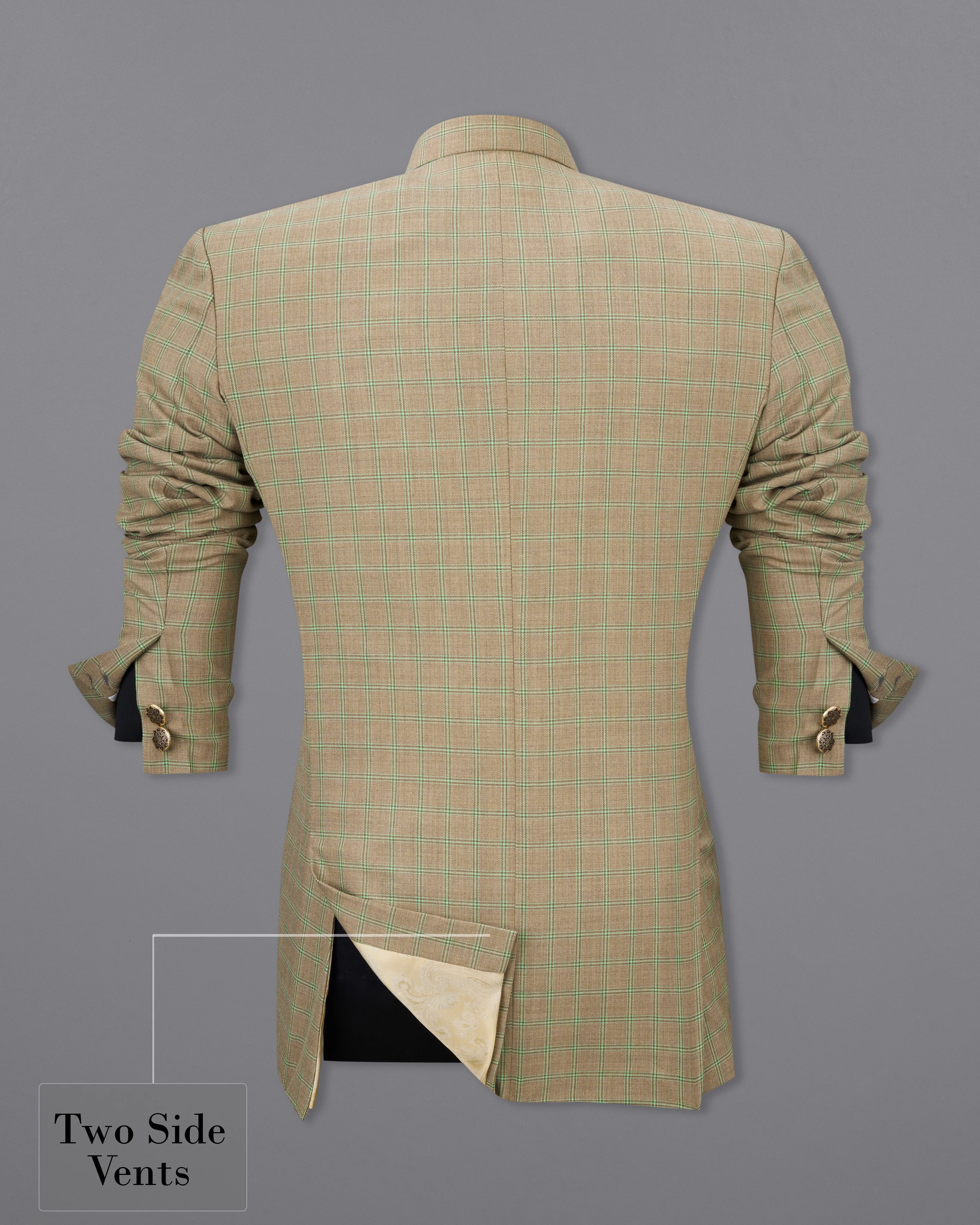 Sandrift Brown with Sprout Green Plaid Bandhgala Blazer