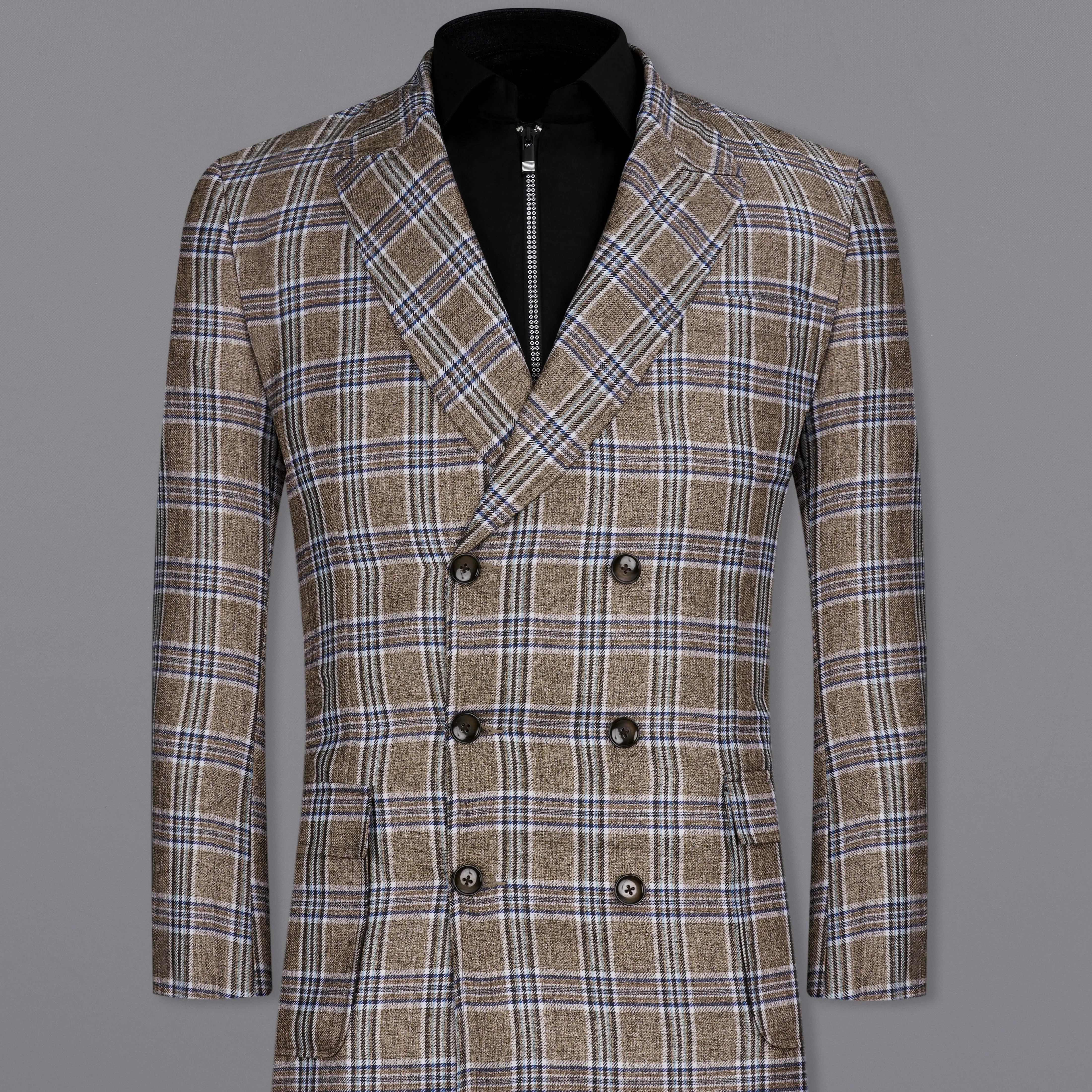 Shadow Brown with Rhino Blue Plaid Double Breasted Trench Coat