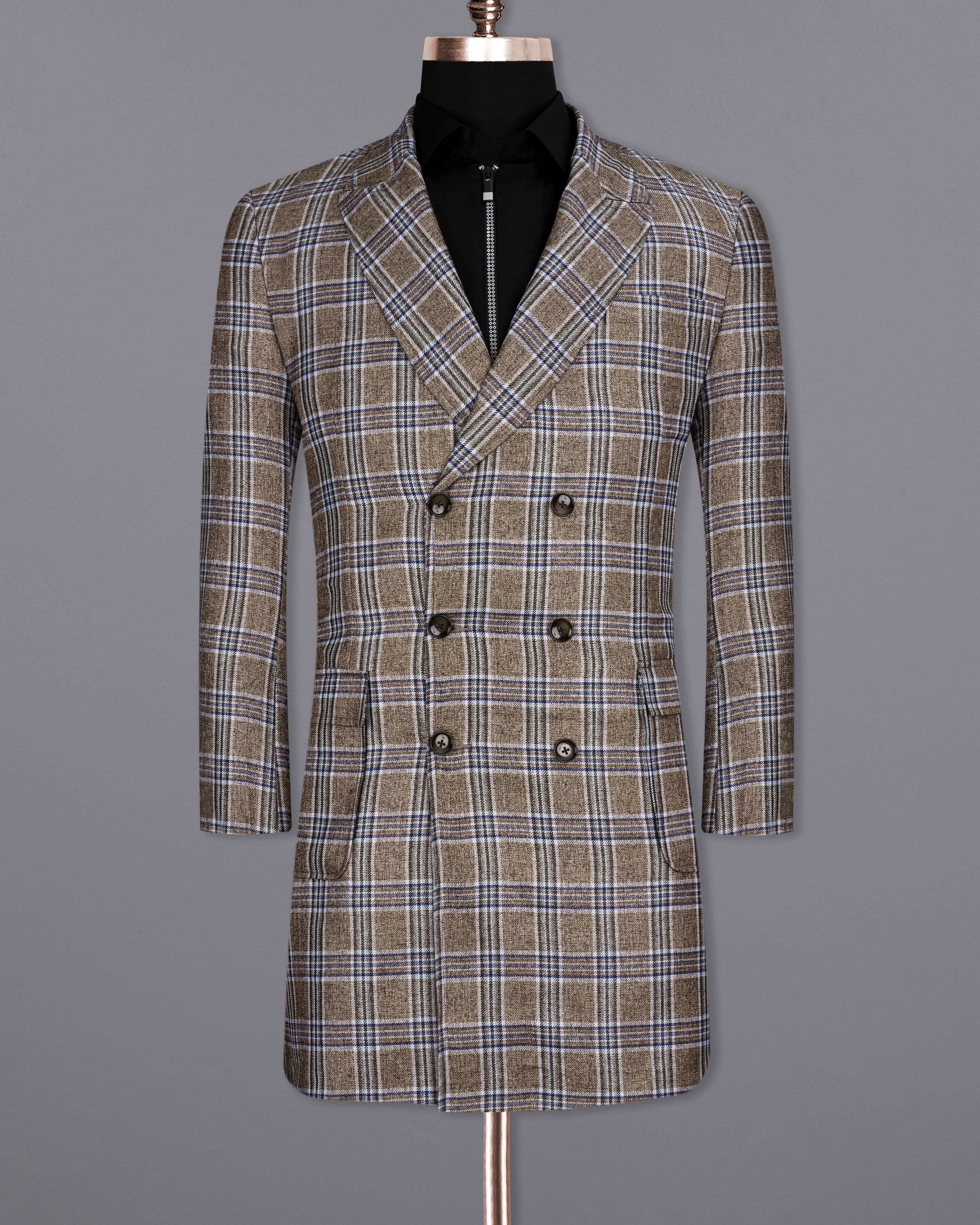 Shadow Brown with Rhino Blue Plaid Double Breasted Trench Coat