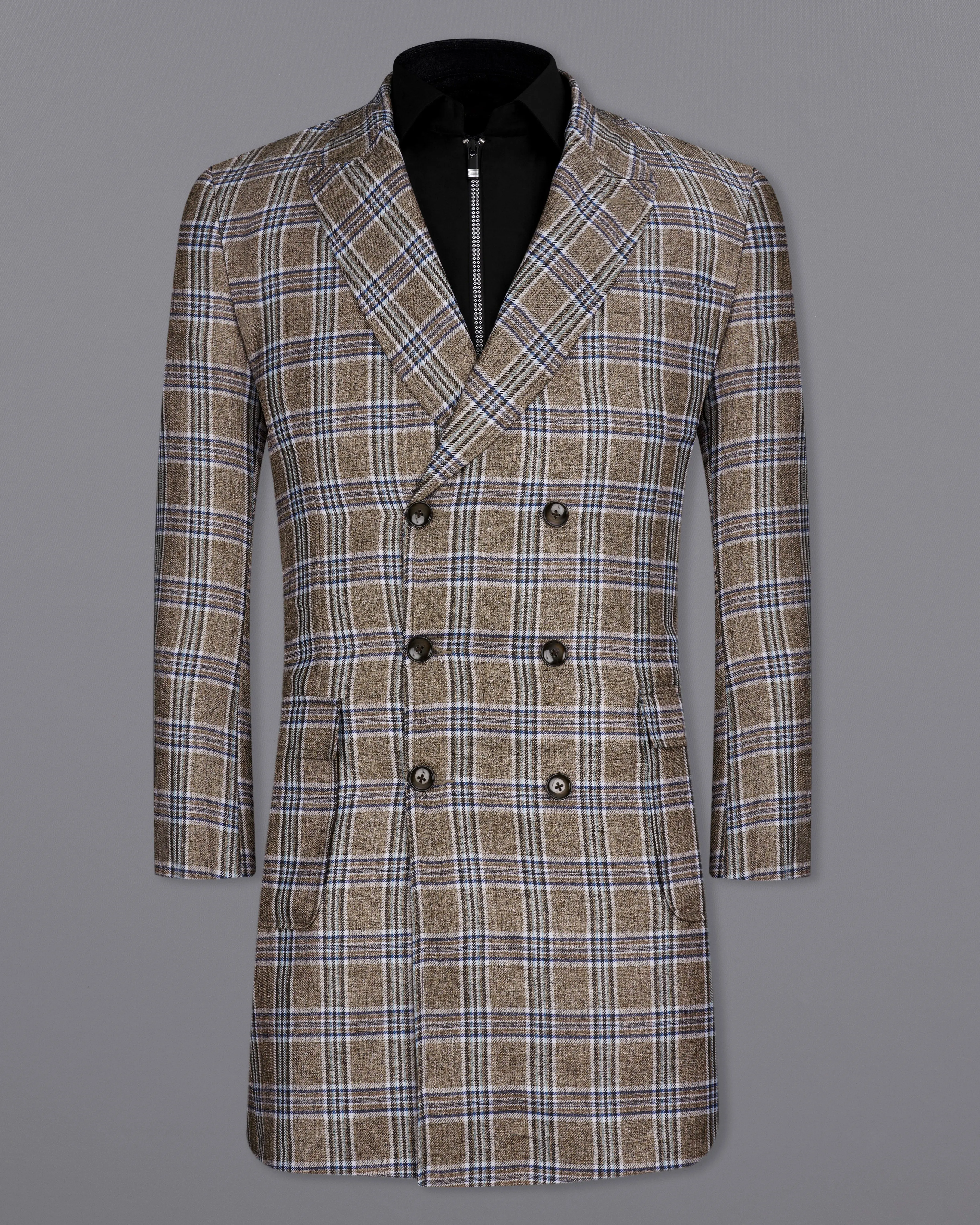 Shadow Brown with Rhino Blue Plaid Double Breasted Trench Coat