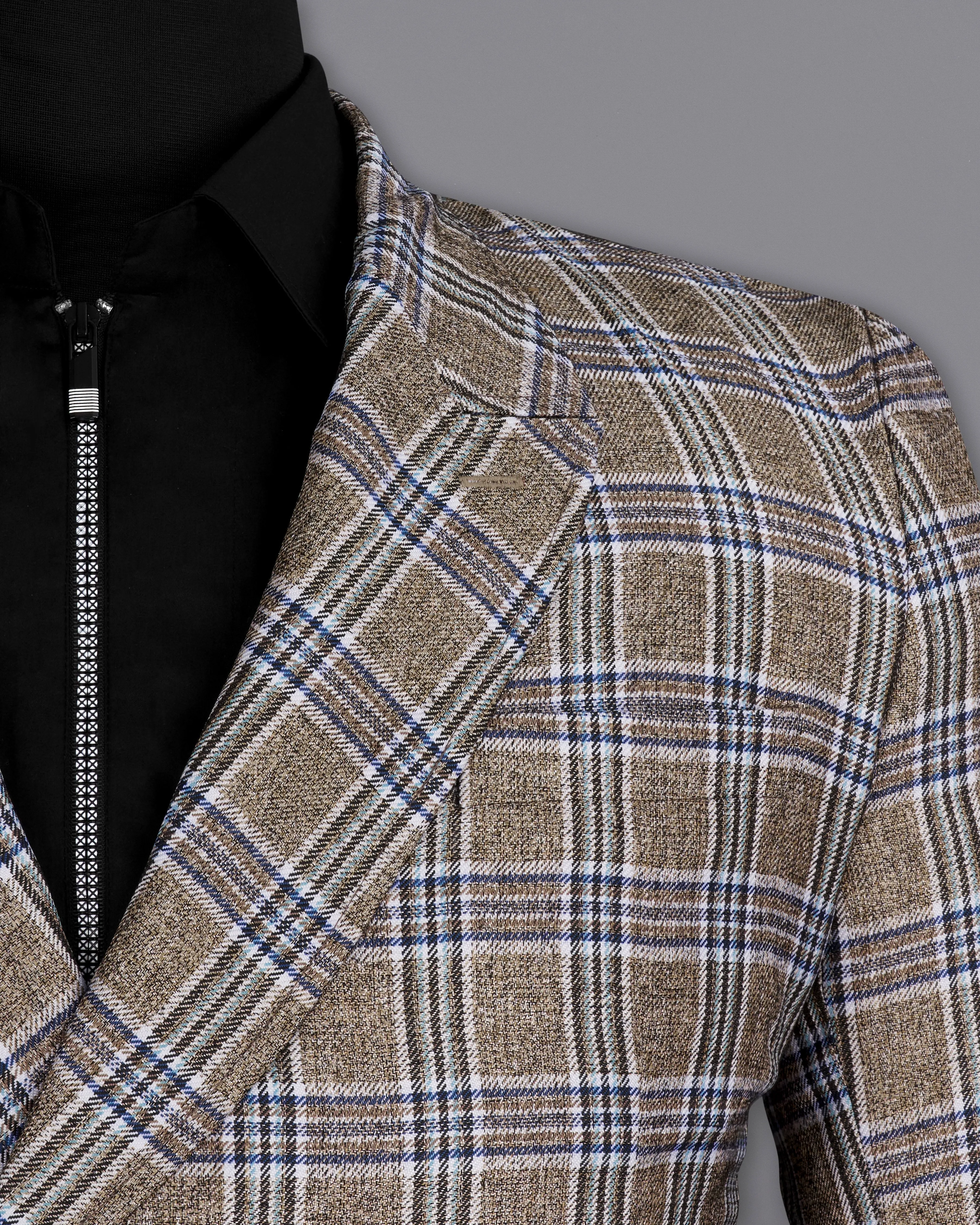 Shadow Brown with Rhino Blue Plaid Double Breasted Trench Coat