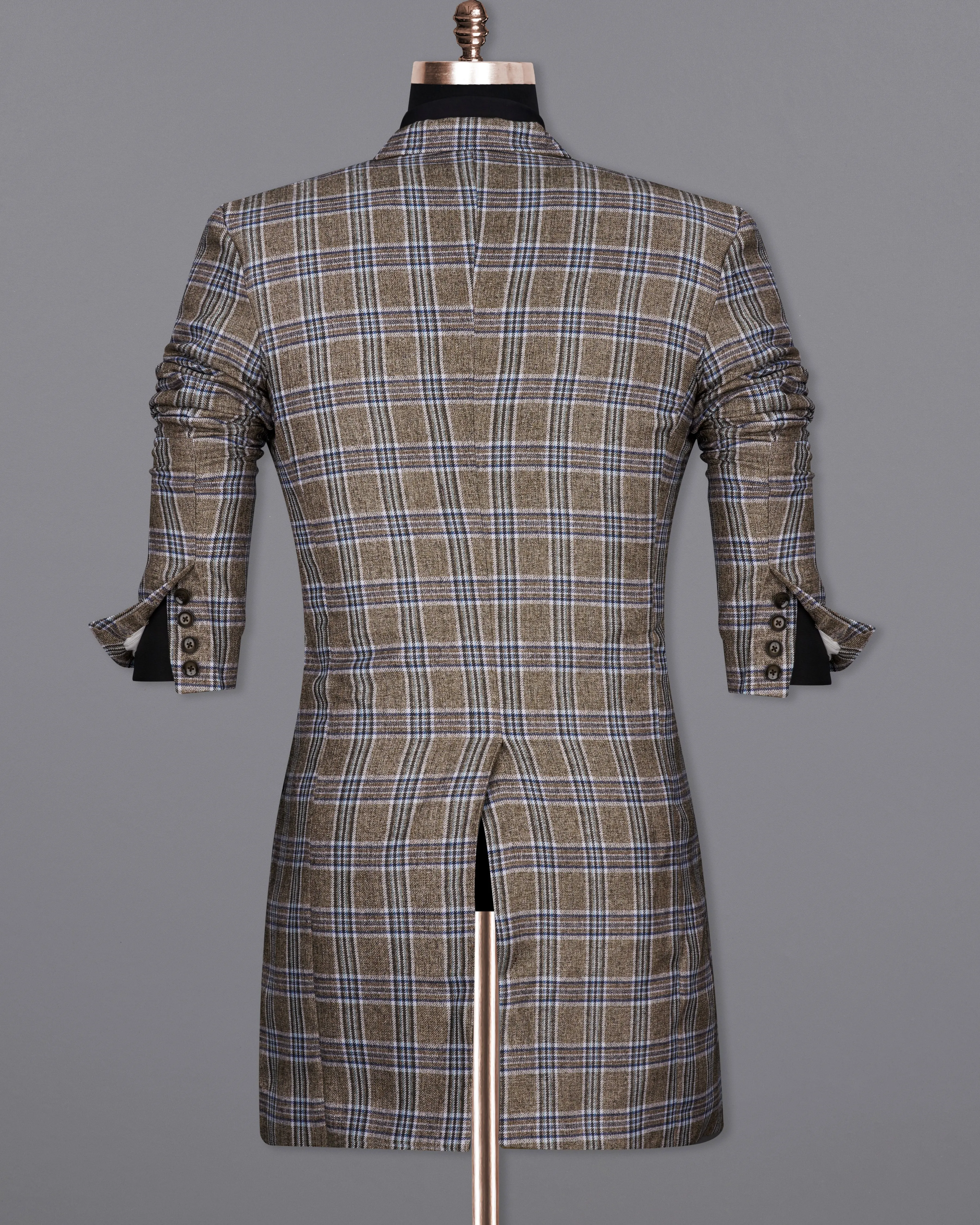 Shadow Brown with Rhino Blue Plaid Double Breasted Trench Coat