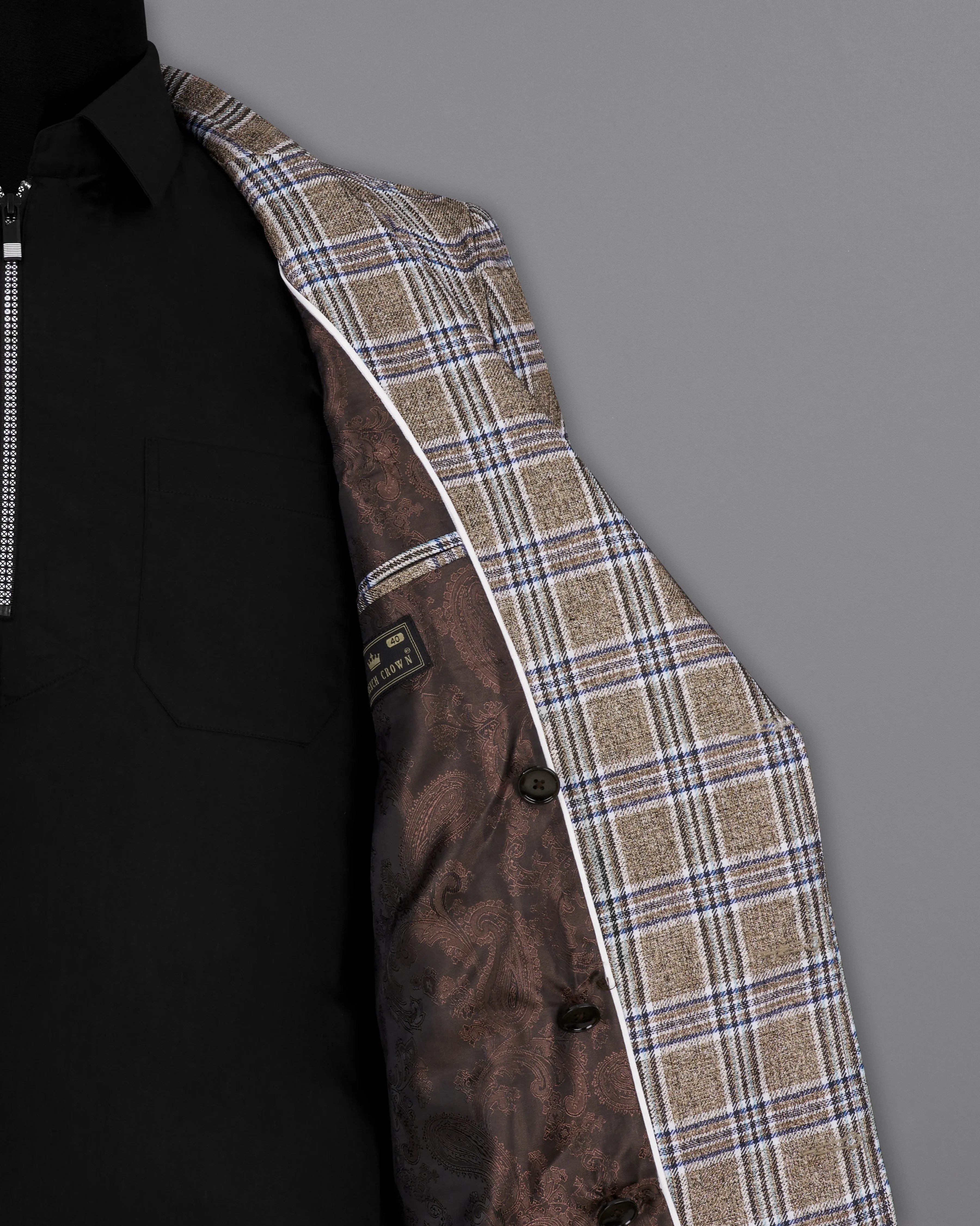 Shadow Brown with Rhino Blue Plaid Double Breasted Trench Coat