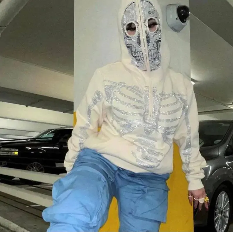 Skull Hood Rhinestone Skeleton Hoodie