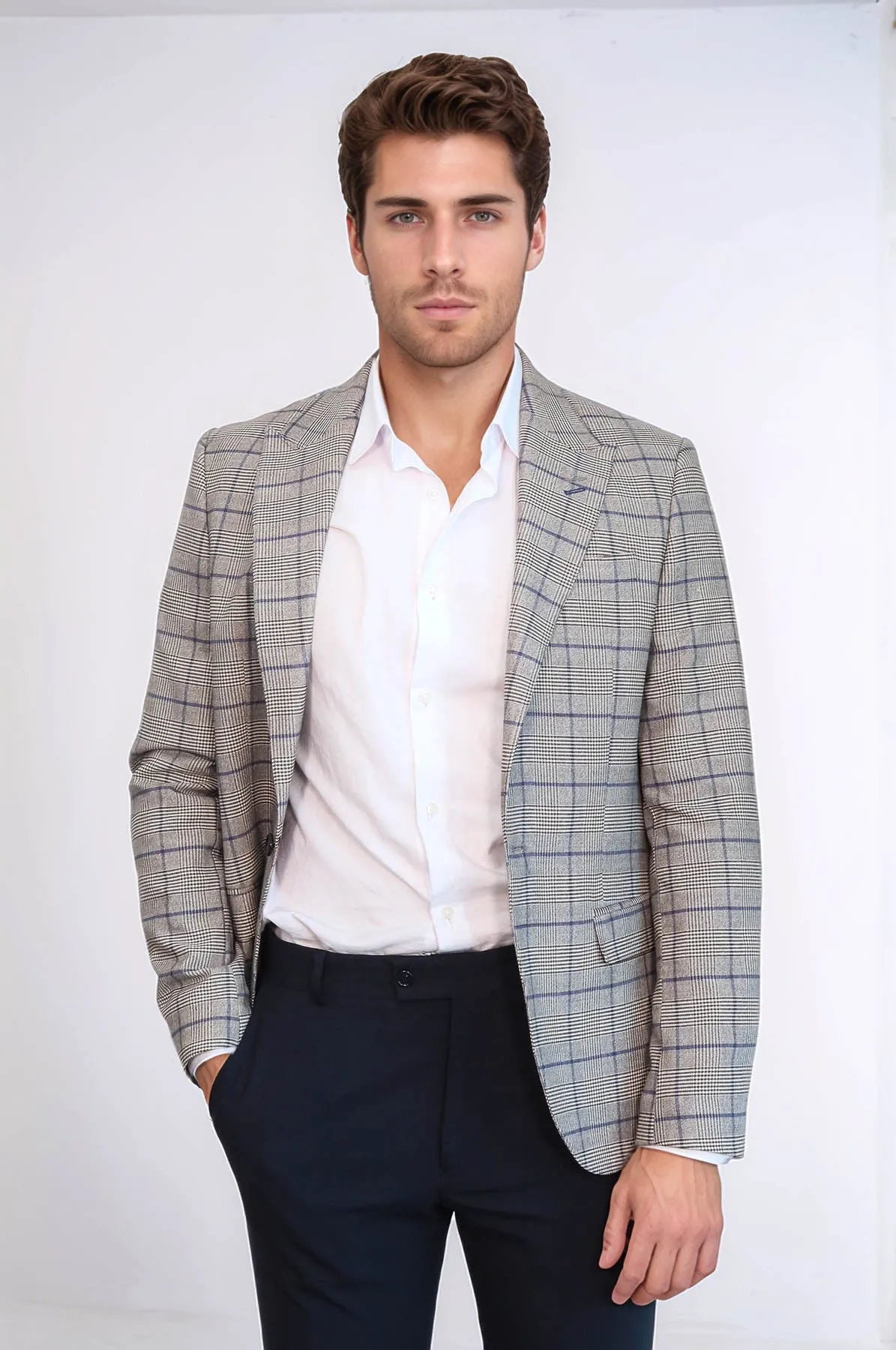 Slim-Fit Checked Beige Men Blazer - Wessi