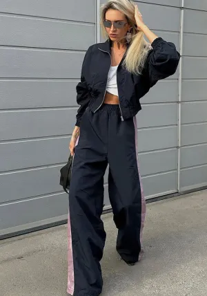 Sporty Contrast Side Stripe Two-Piece Jacket and Wide-Leg Trousers Set